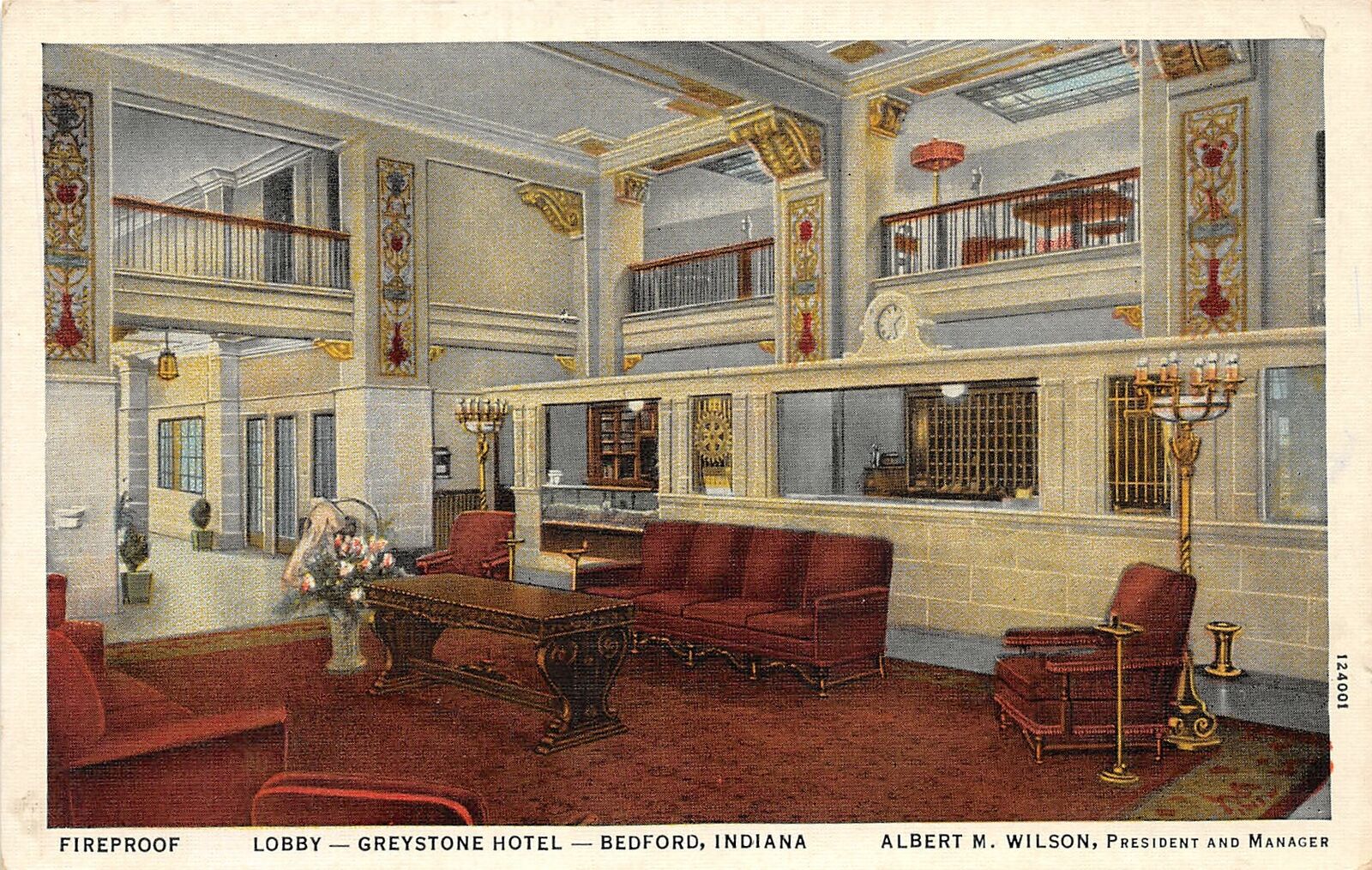 F60/ Bedford Indiana Postcard c1930s Greystone Hotel Lobby Interior