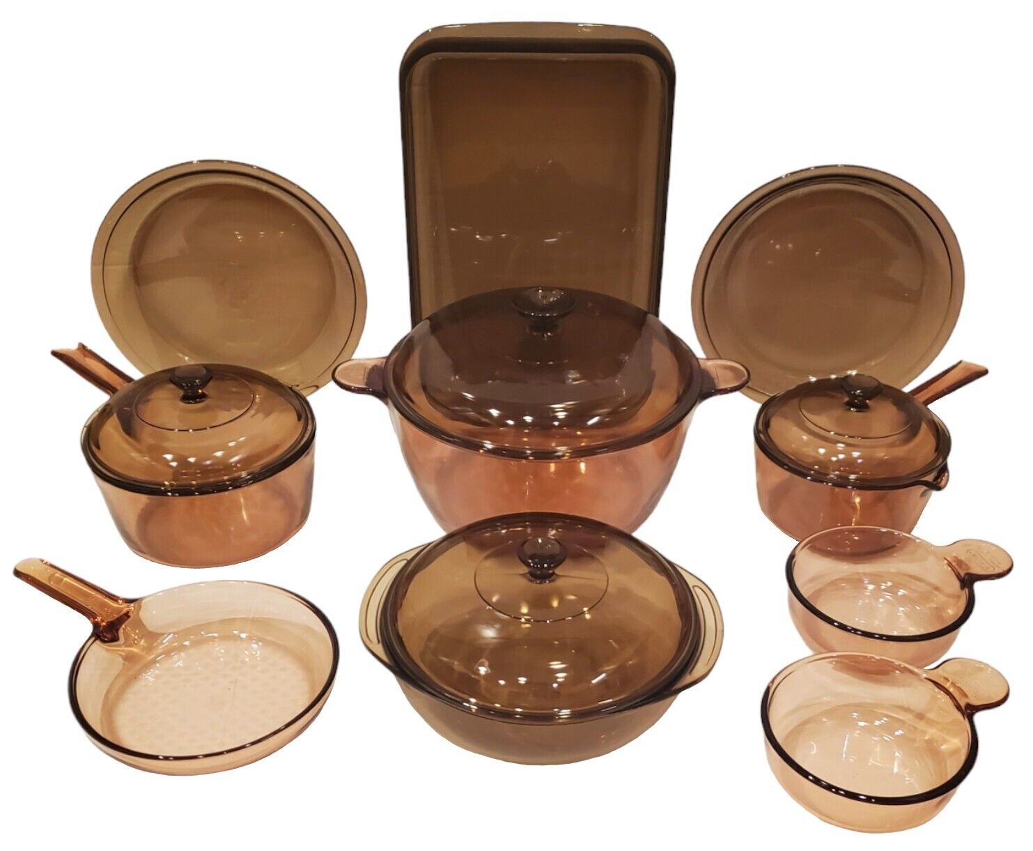 Set of 14 Vision WARE Visions Corning Pyrex Amber Brown Glass Cookware w/ Lids