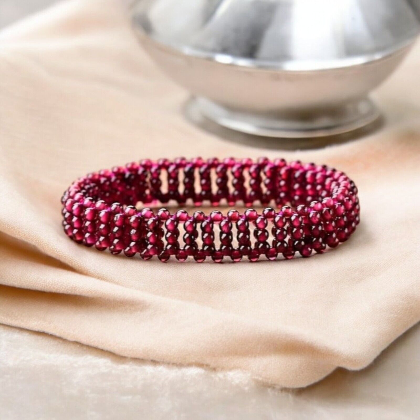 Red Garnet Stretch Bangle Bracelet Natural Gemstone Elastic Fit