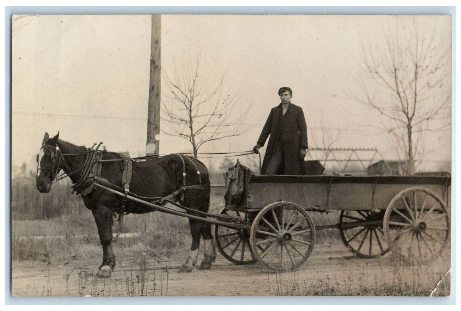 c1910's Boy Driving Coal Wagon Dirt Road RPPC Photo Posted Antique Postcard