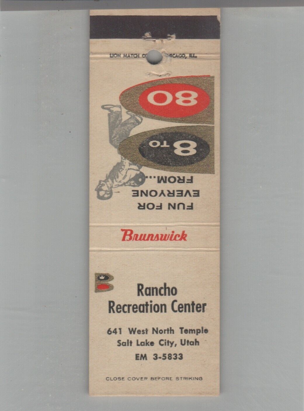 Matchbook Cover Brunswick Bowling Rancho Recreation Center Salt Lake City, UT