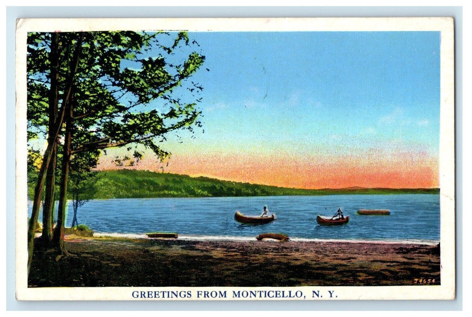 1937 Greetings From Monticello New York NY, Sea View Canoeing Boat Postcard