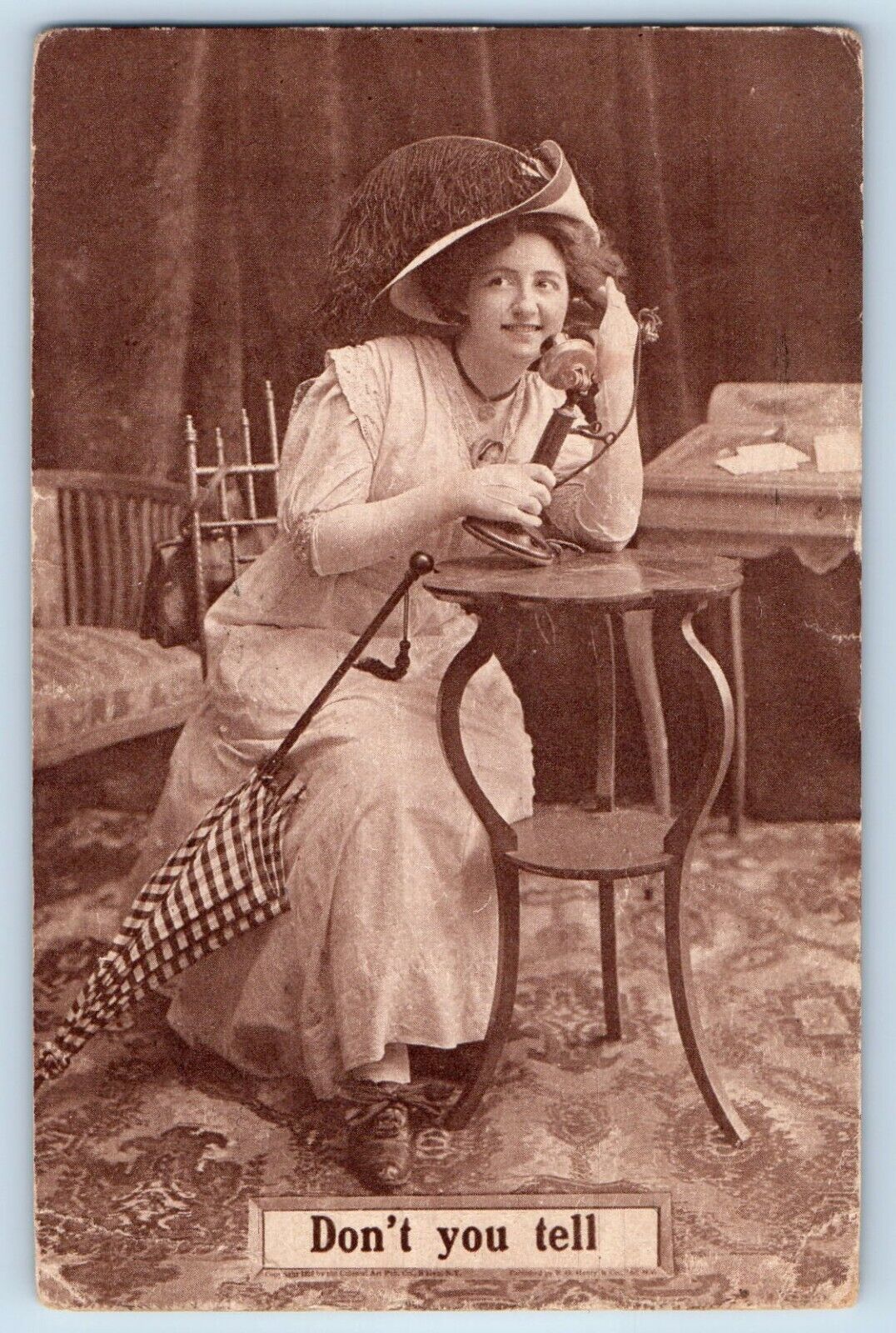 Woman Postcard Telephone Don\'t You Tell Delaware Ohio OH 1910 Posted Antique