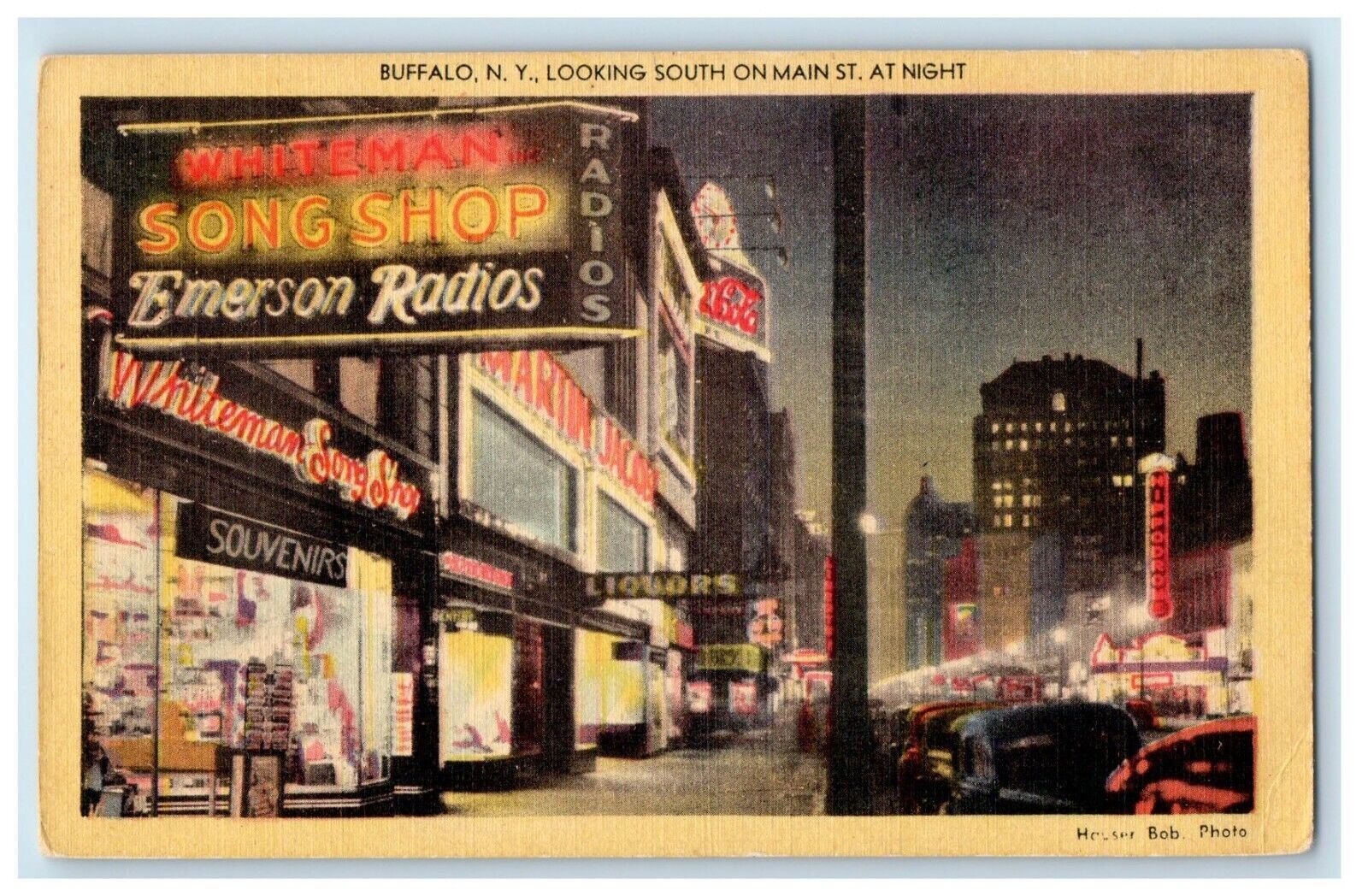 Buffalo NY, Looking South On Main Street At Night Whiteman Song Shop Postcard
