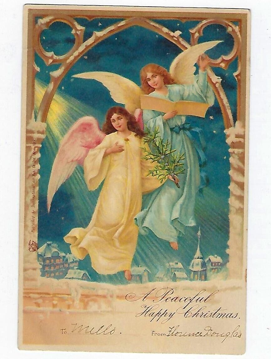 1904 Christmas Postcard 2 Angels Int'l Art Posted