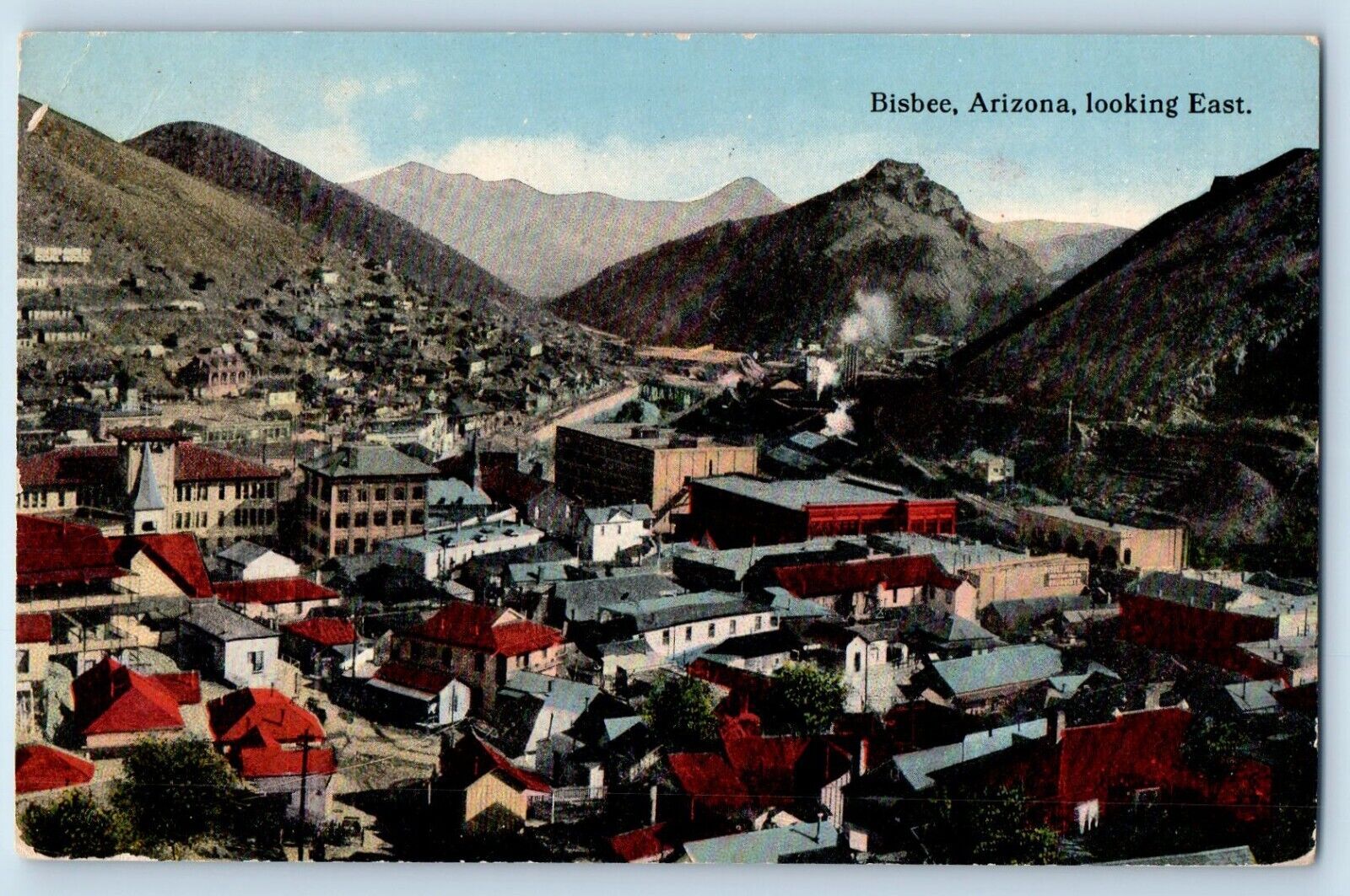 Bisbee Arizona AZ Postcard Looking East Birds Eye View Buildings Mountain 1914