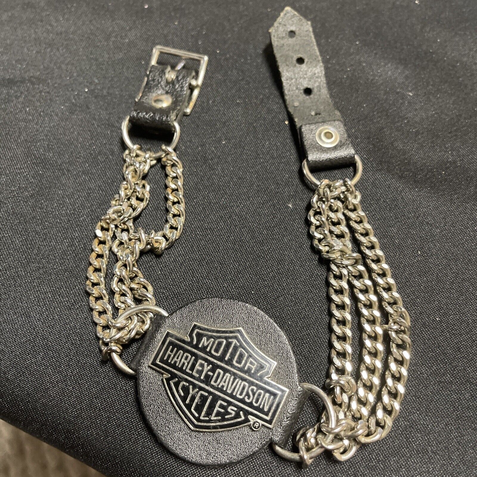 Vintage Harley Davidson Black Leather Logo Chain Boot Strap Choker Necklace