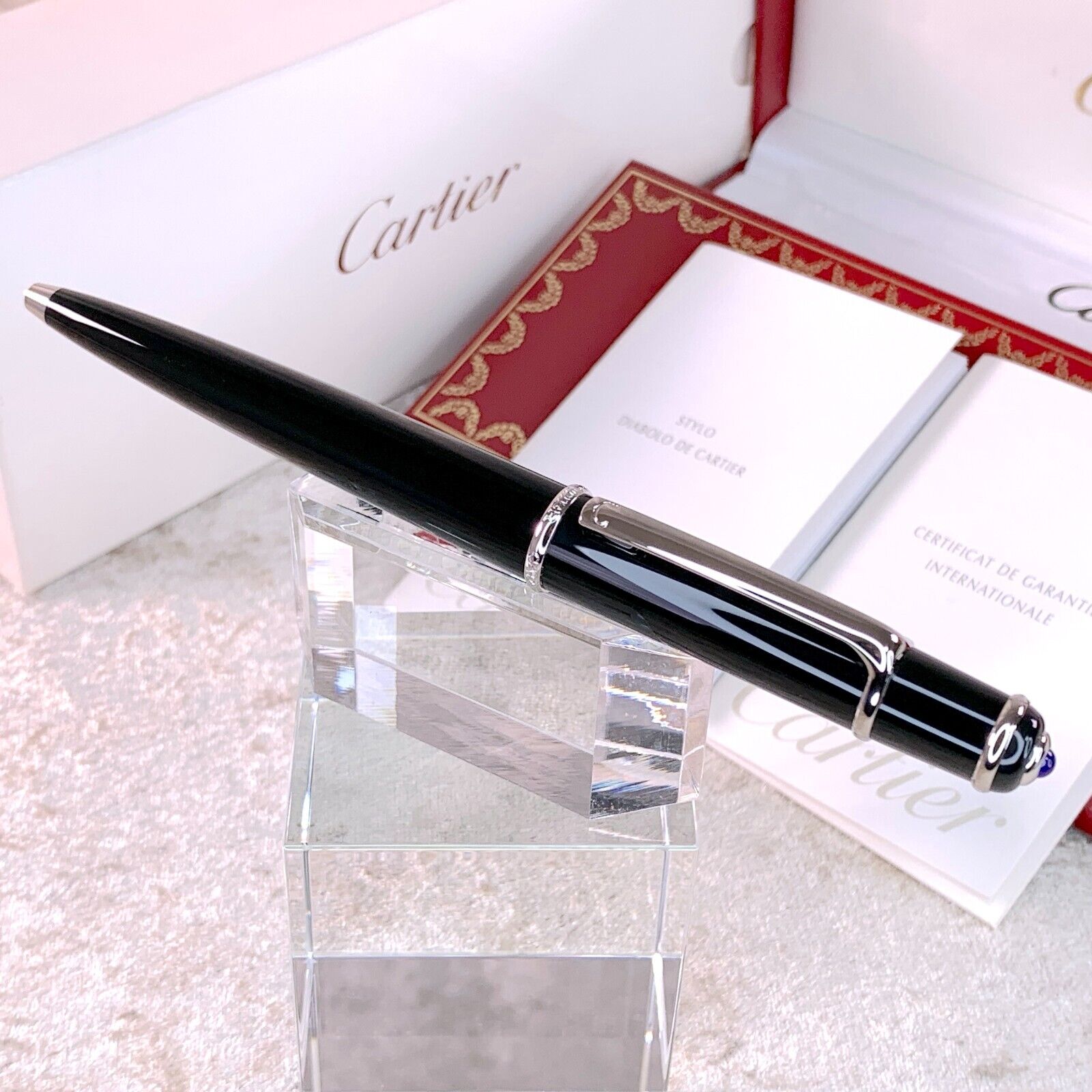 Cartier Ballpoint Pen Diabolo Black Resin Platinum Finish with Case & Papers