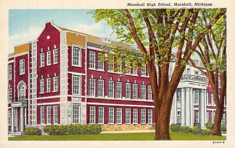 Postcard MI: Marshall High School, Marshall, Michigan, Vintage Linen