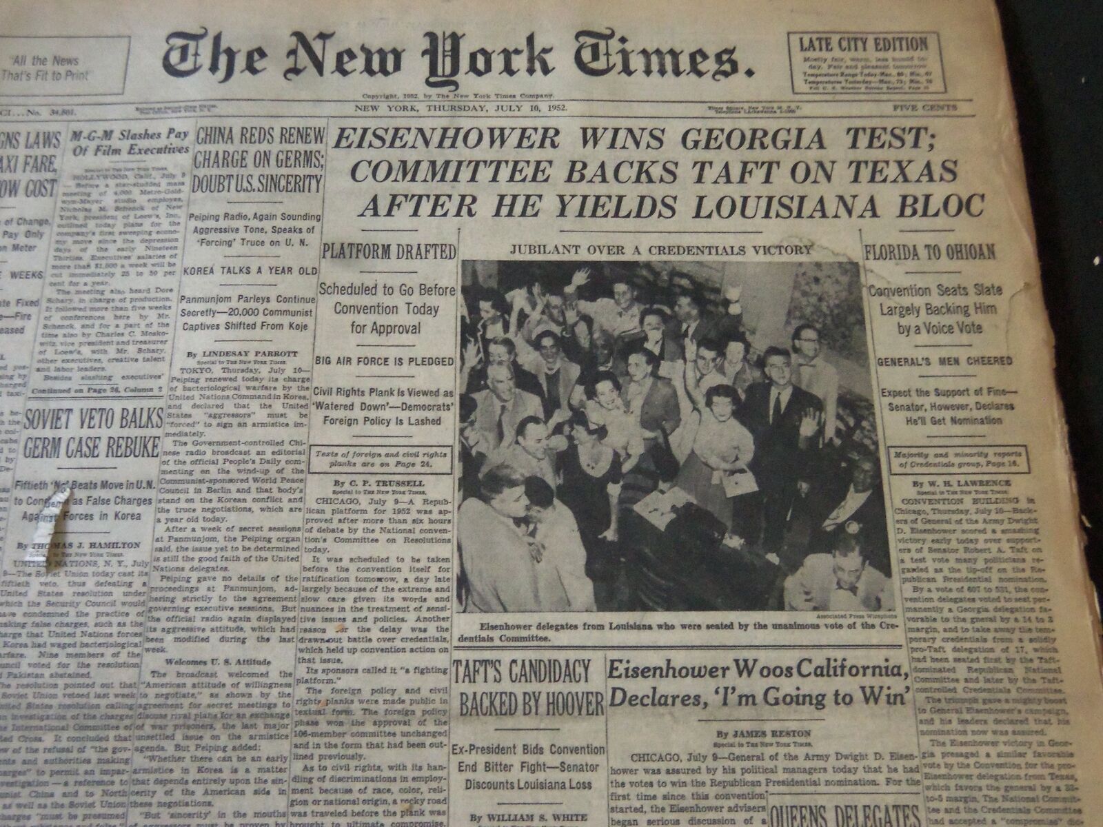 1952 JULY 10 NEW YORK TIMES - EISENHOWER WINS GEORGIA TEST - NT 5931