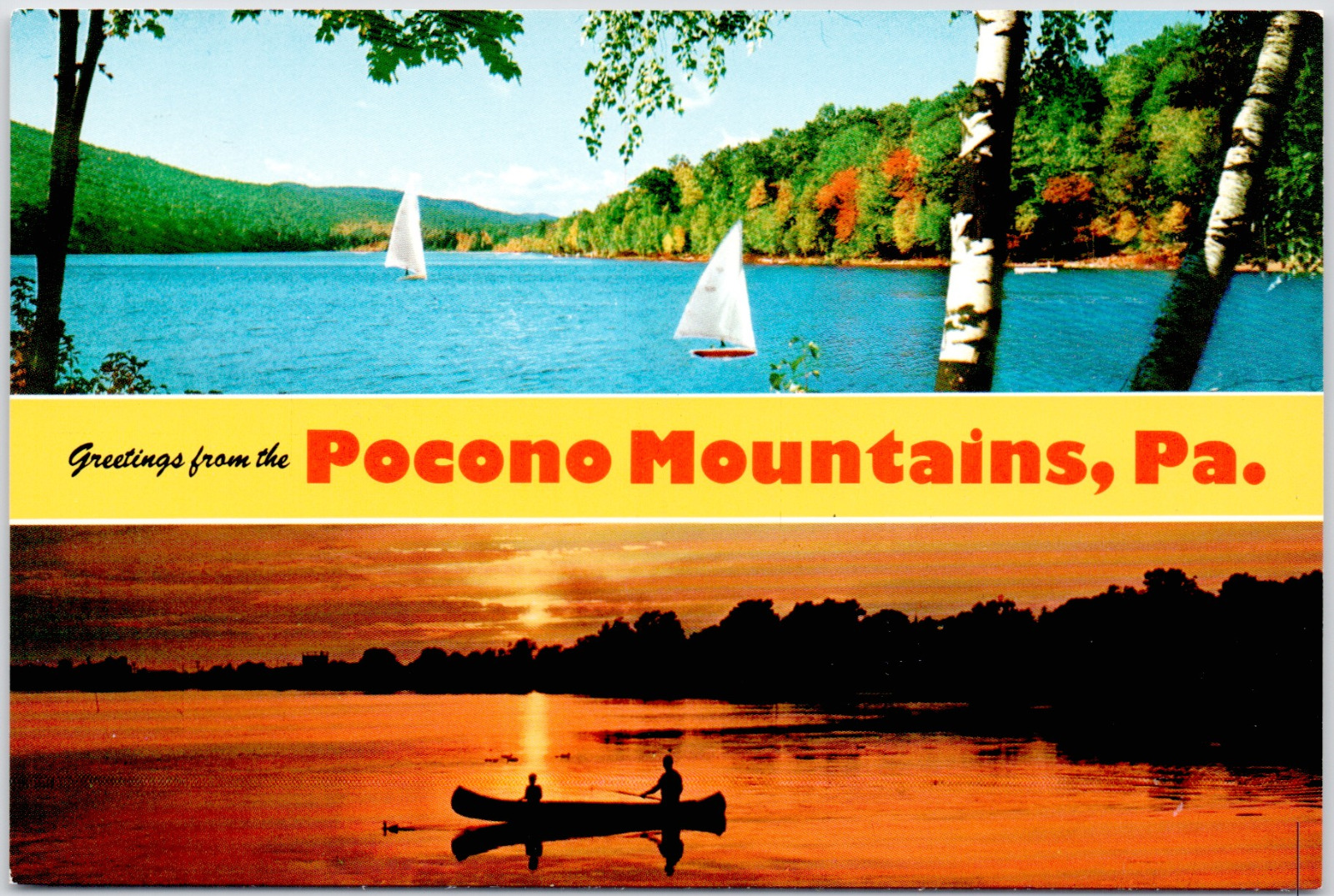 Greetings From Pocono Mountains Pennsylvania Sunset Canoe Sailboat VTG Postcard
