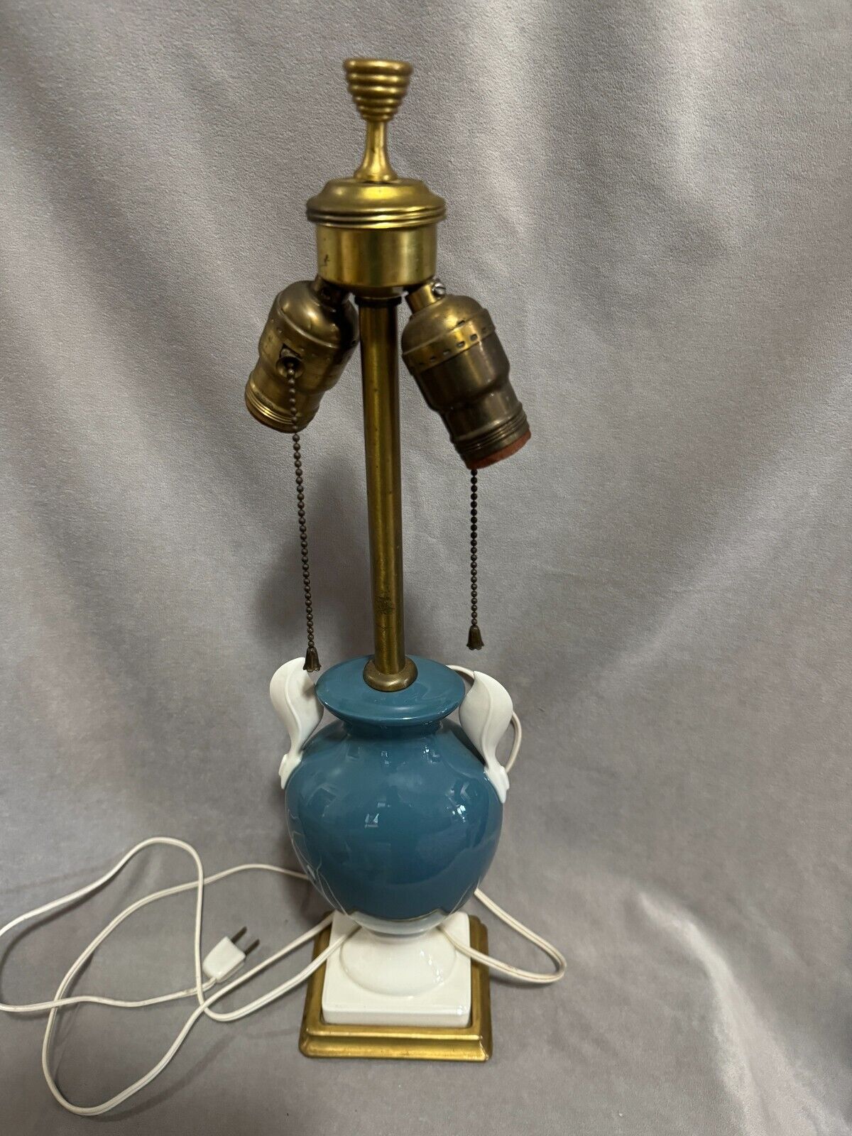 Vintage Dual Socket Aqua Blue & Two White Feather Handles Lenox Lamp