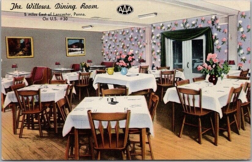 1950s Lancaster, PA Postcard WILLOWS DINING ROOM Hotel Roadside Tichnor CHROME