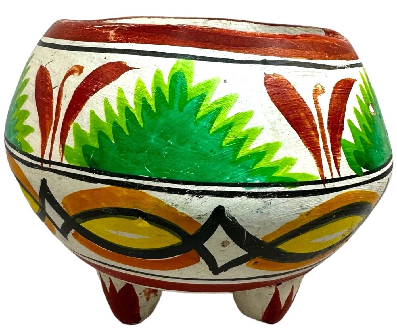 Vintage Mexican Folk Art Clay Pottery Footed Brightly Hand Painted Decor Bowl