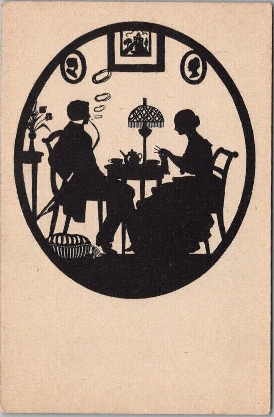 c1910s German Silhouette Art Postcard Parlor Scene DIPLOMAT DIAMANT Advertising