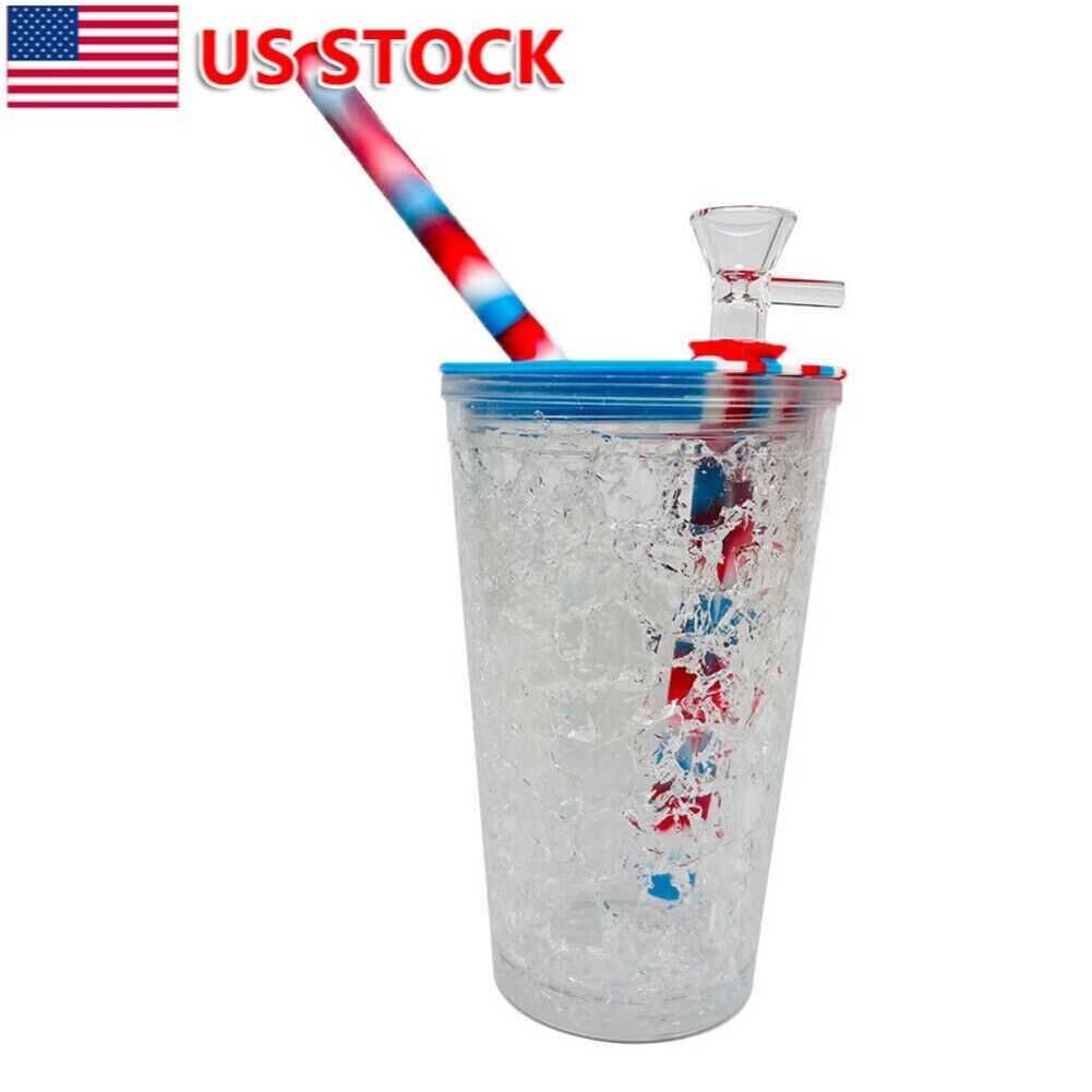 9 inch Plastic Frozen Cup Hookah Bong Silicone Lid Water Pipe W/ Glass Bowl US