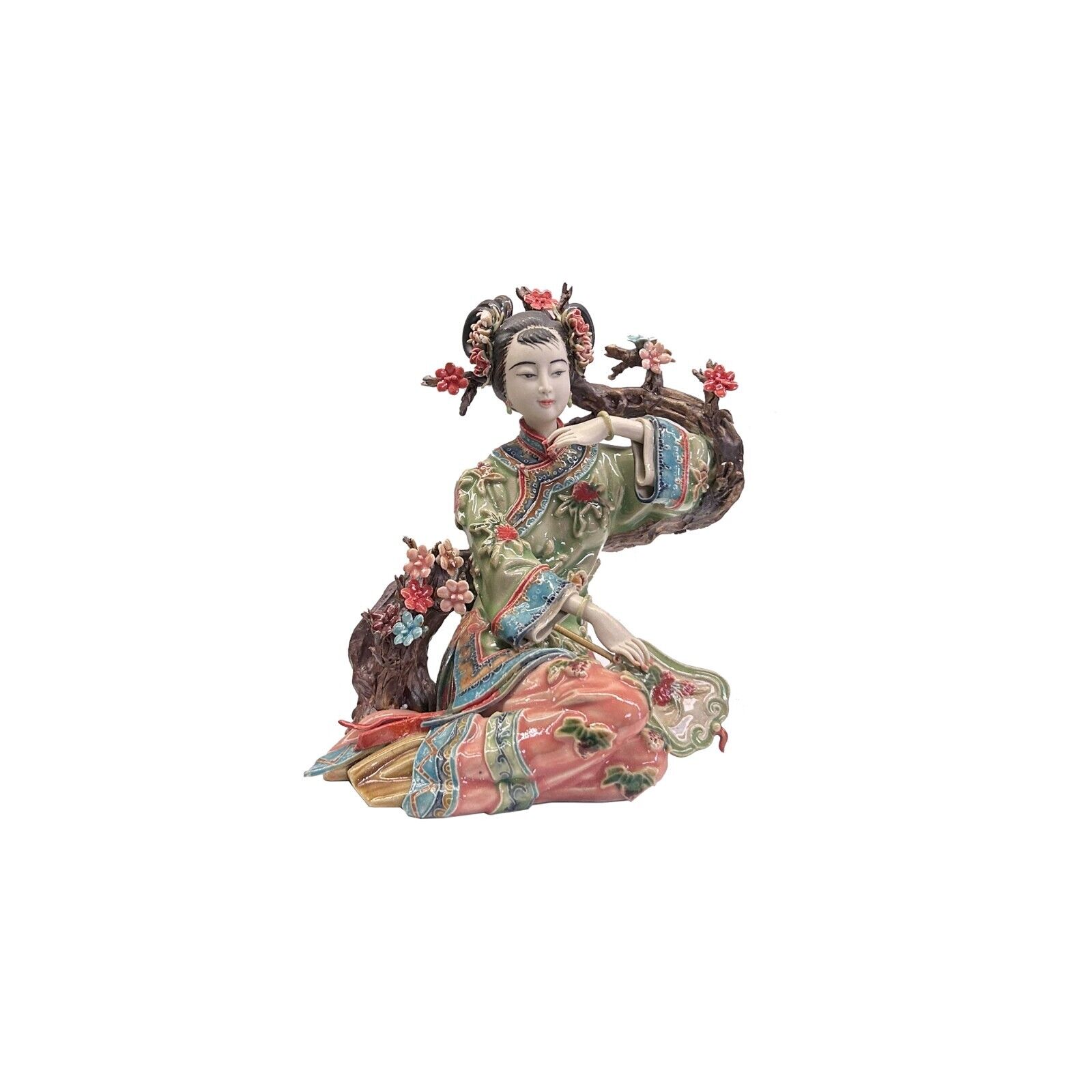 Chinese Porcelain Qing Style Dressing Blossom Tree Lady Figure ws4047