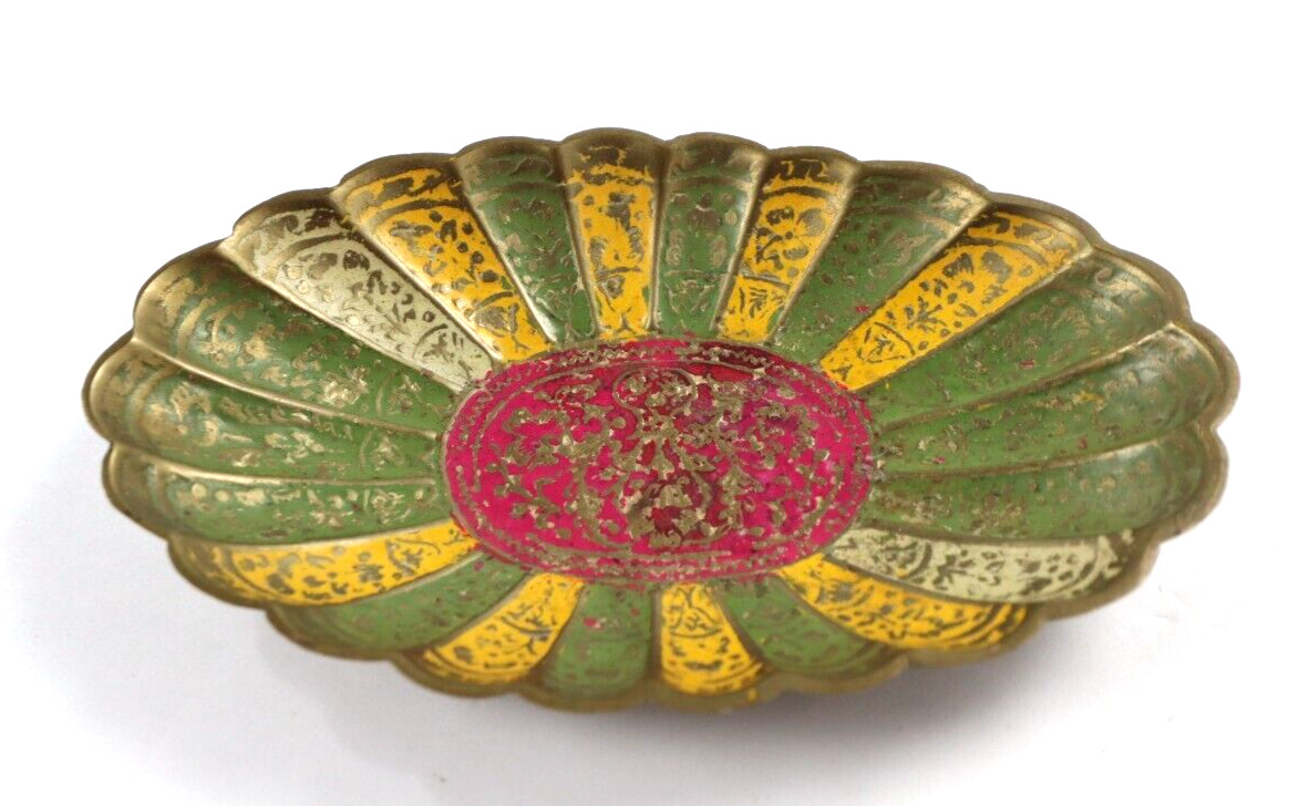 Vintage Old Brass Hand Painted Engraved Colorful Ash Tray INDIA