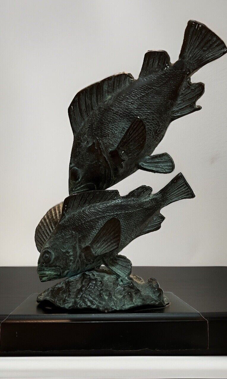 Vintage Mixed Metal Aquatic Sculpture Two Fish and Clam with Verdigris Finish