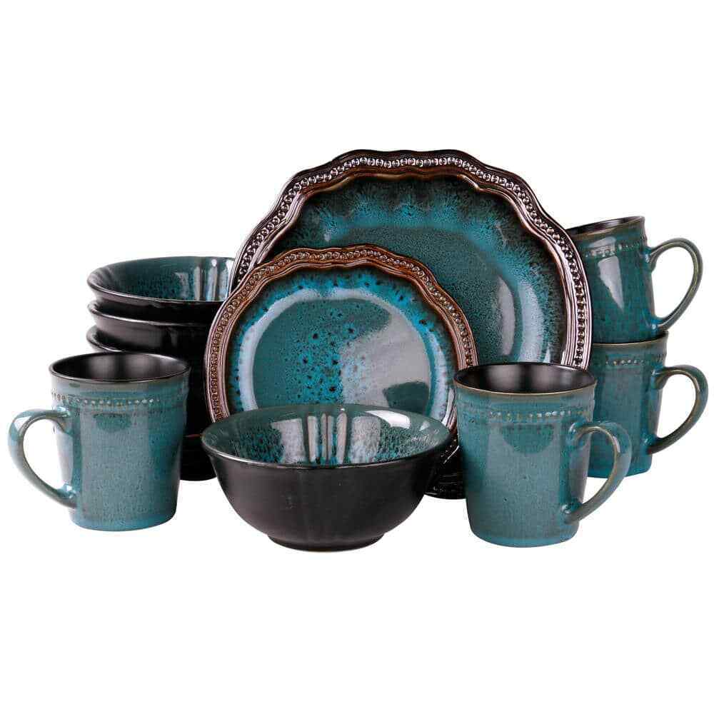 Mystic Waves 16-Piece Modern Blue Stoneware Dinnerware Set