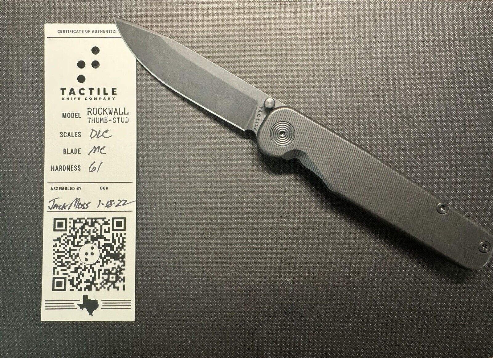 NEW Tactile Knife Co. Rockwall Black DLC with COA & Box + Custom Leather Sleeve