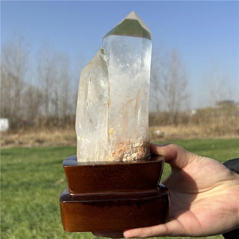 970g Natural clear quartz Obelisk Quartz Crystal Point Wand gem +Stand WA539