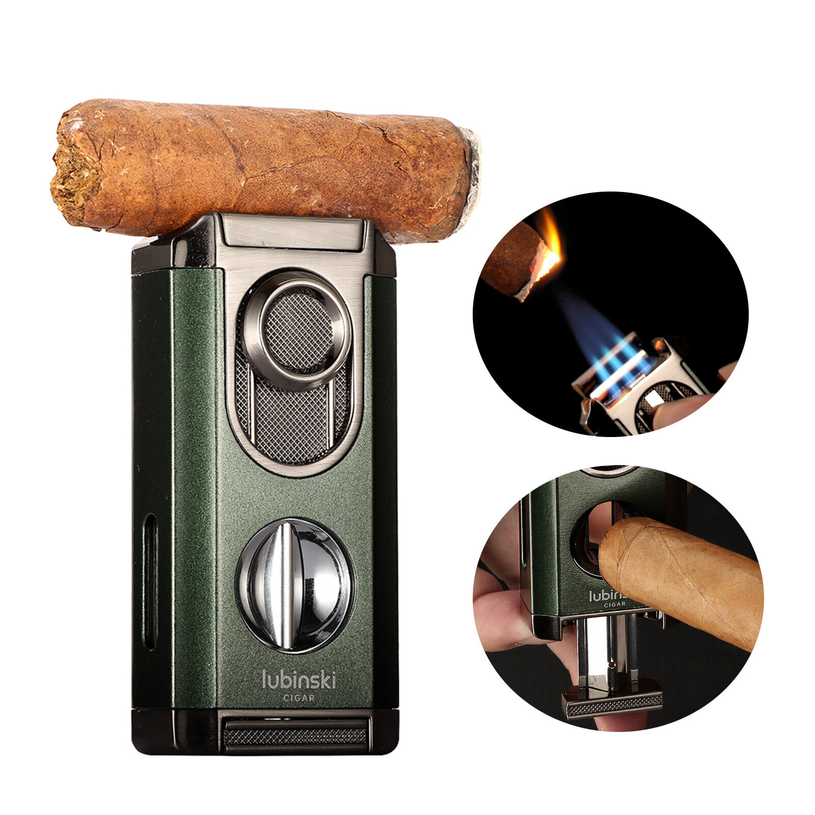 Lubinski Travel 3 Jet Flame Torch Cigar Lighter Stainless V-Cutter Green Holder