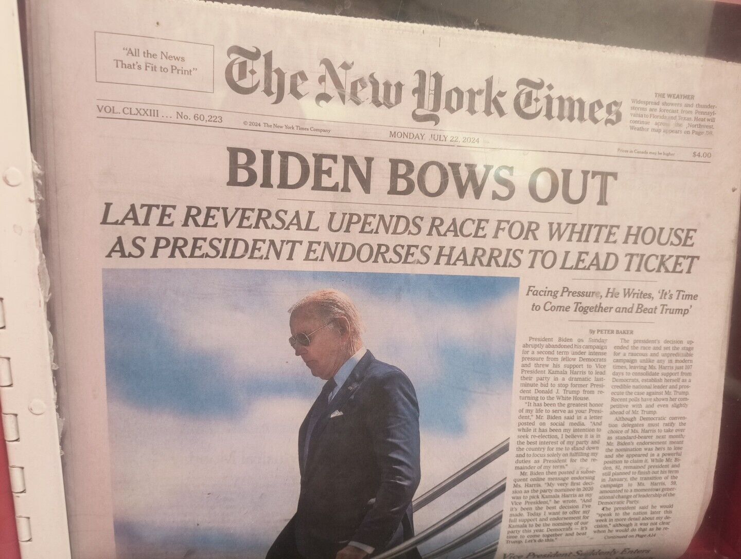 New York Times NYT Newspaper Monday July 22, 2024 BIDEN BOWS OUT
