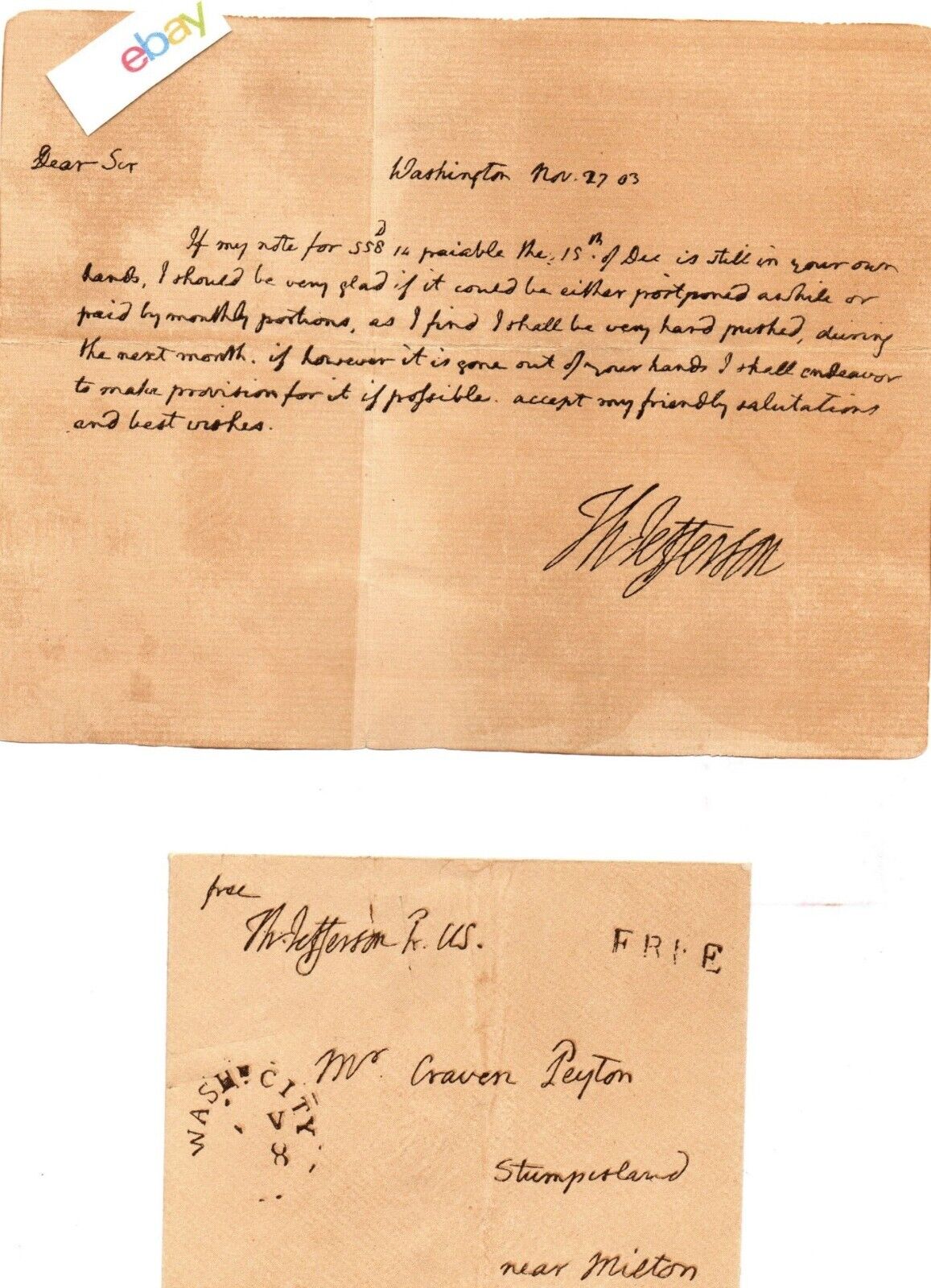1803 Letter From President Thomas Jefferson To Mr. Craven Peyton