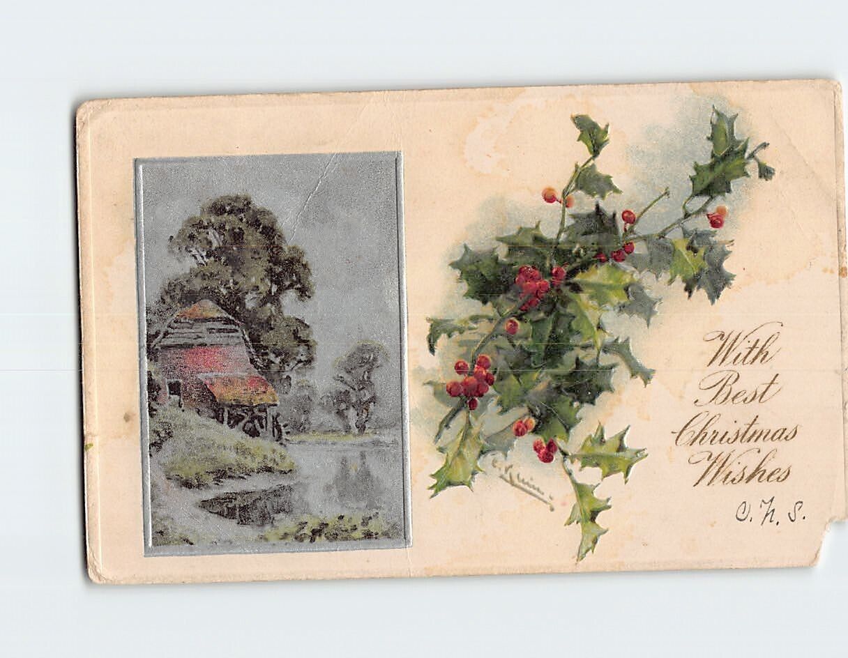 Postcard With Best Christmas Wishes with Hollies Embossed Art Print