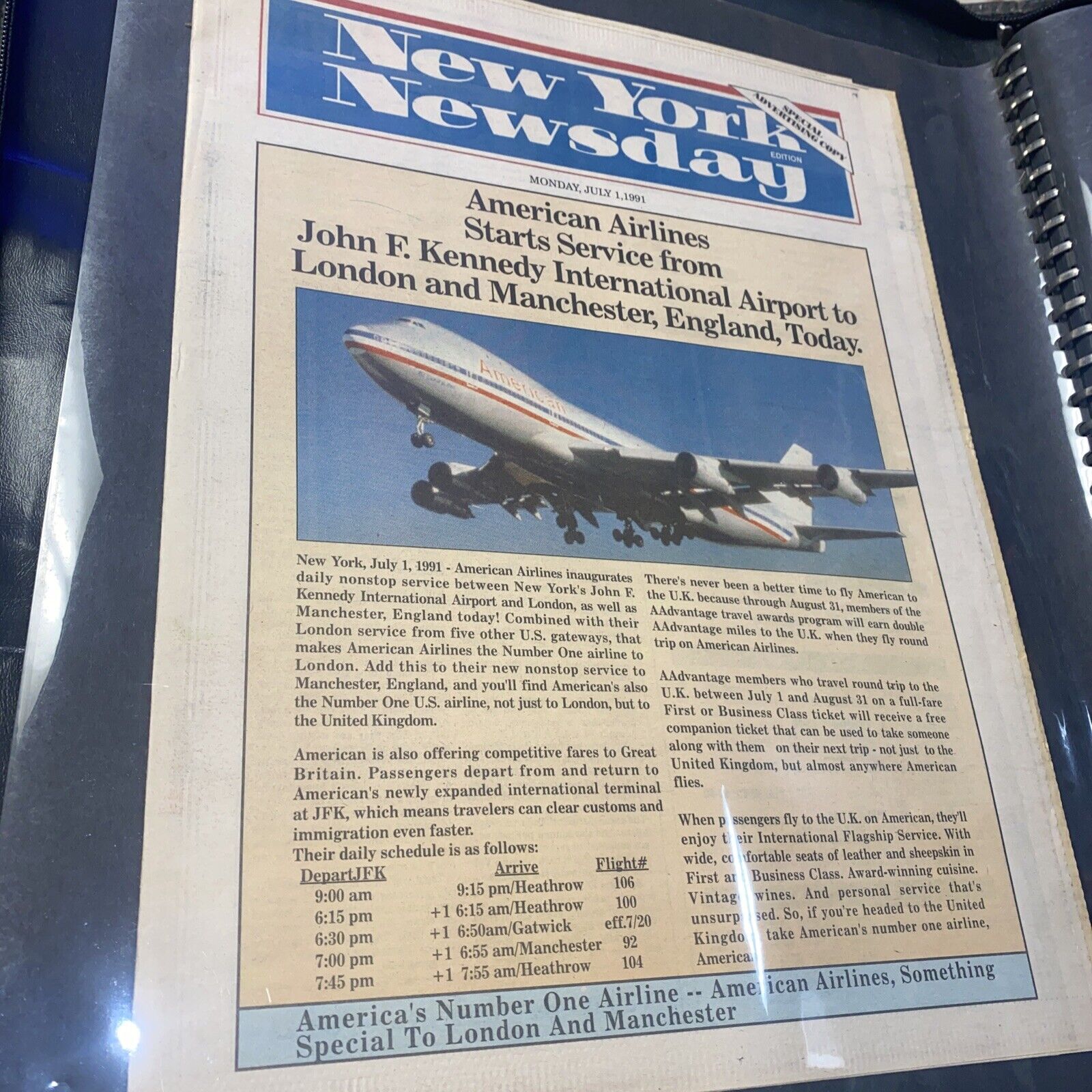 Newsday Front page July 1, 1991 American Airlines Starts Service from New York