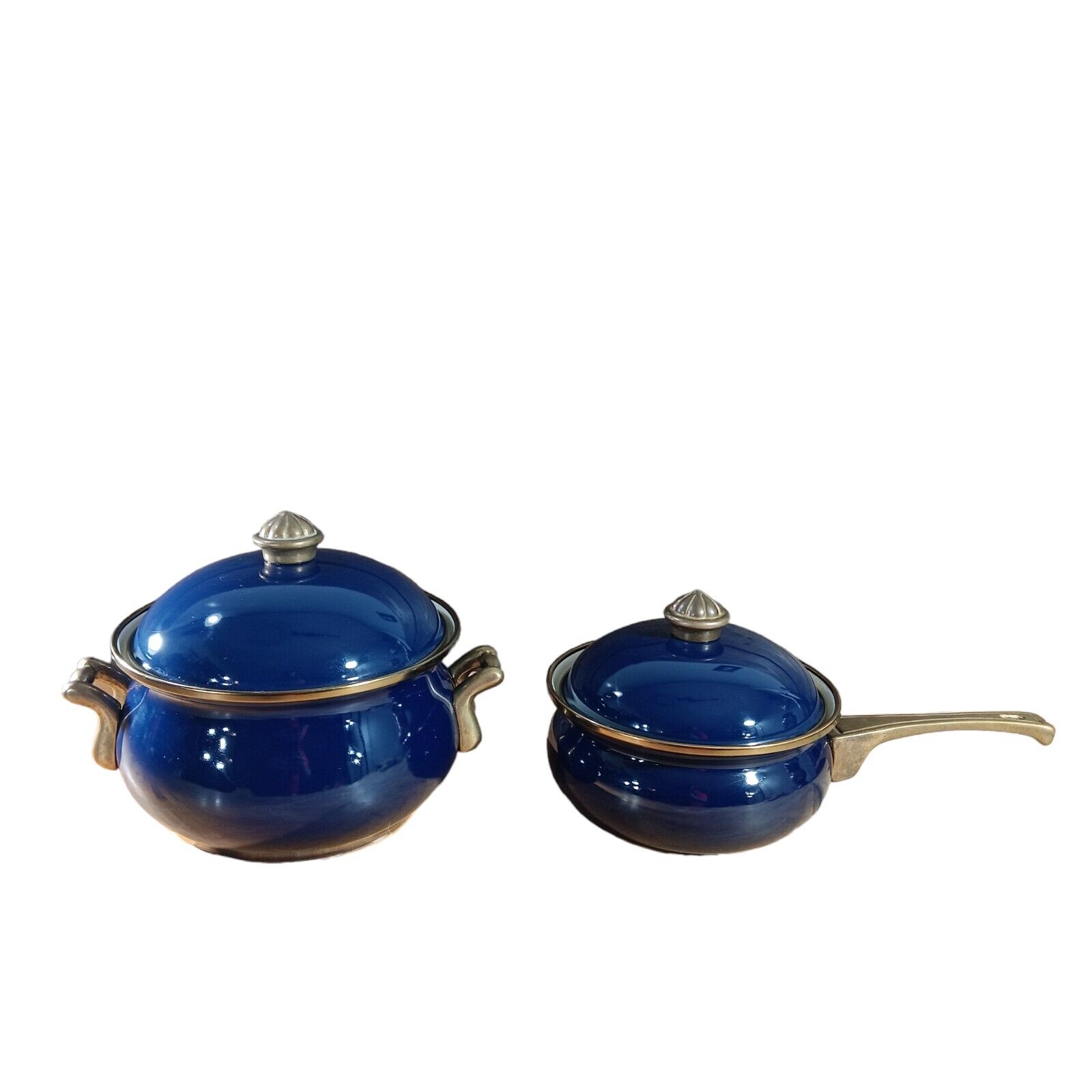 Vintage Blue Enamel Cookware 5” Sauce Pot Set w/ Vented Lid Brass Trim & Handles