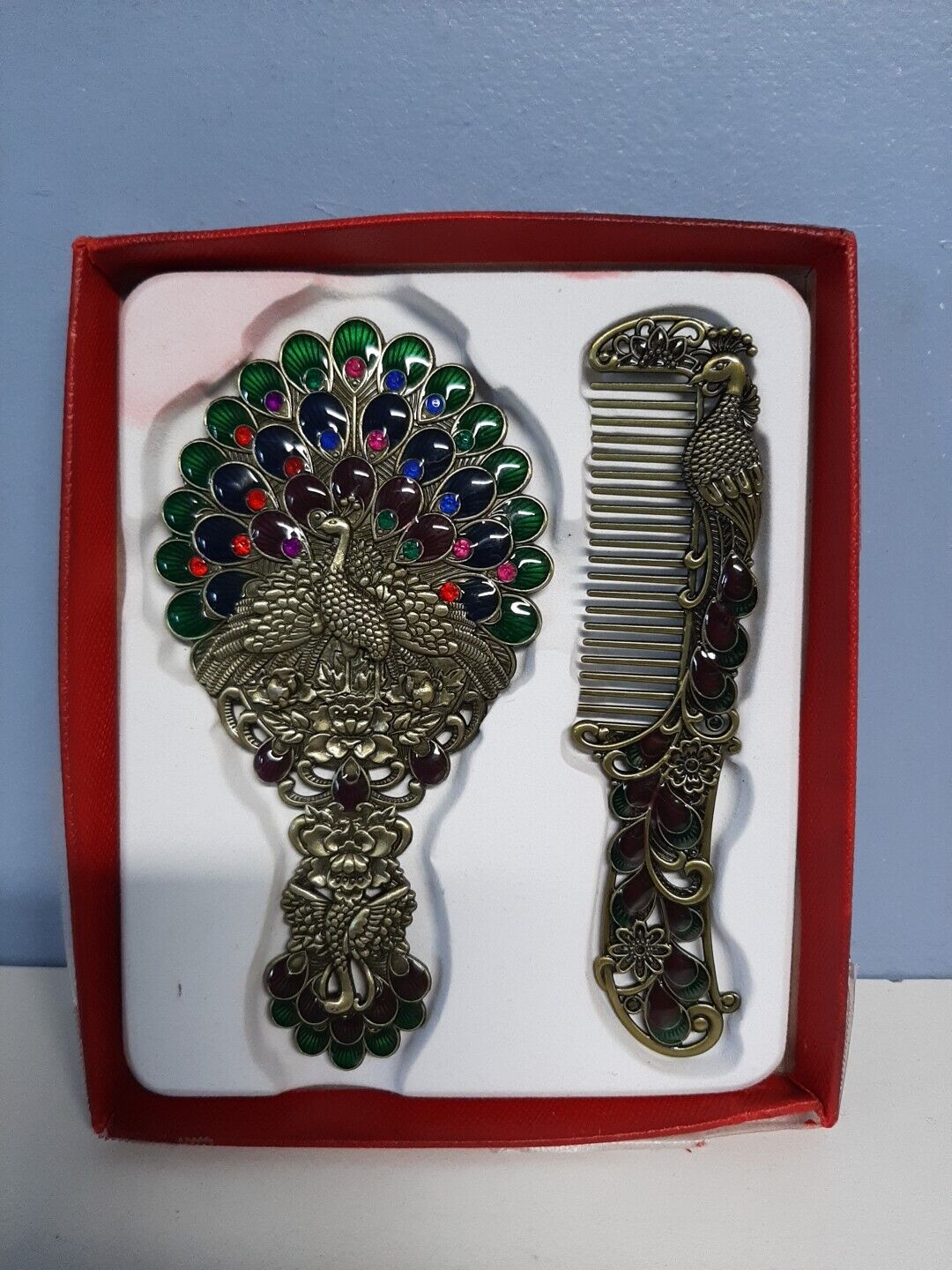 Vtg Small Hand Mirror And Comb Peacock Design