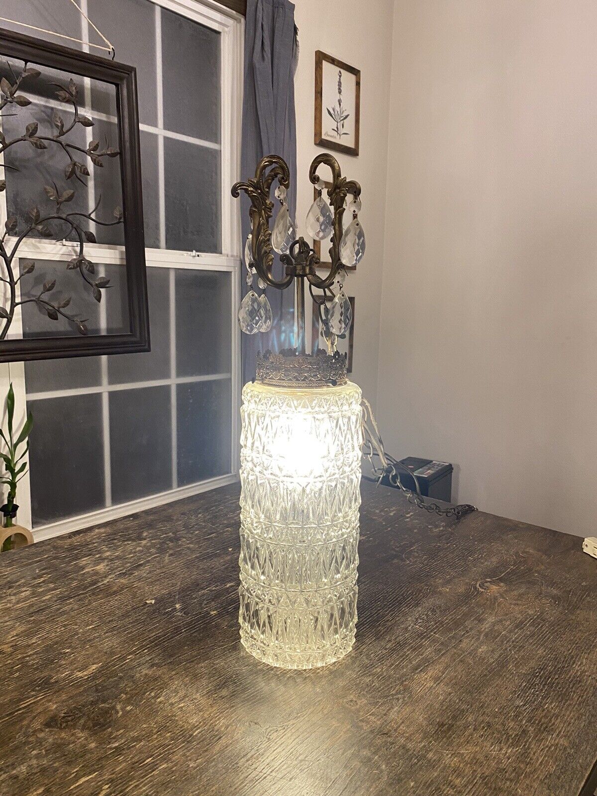 Vintage 1960s Cylindrical Glass Chain Hanging Swag Lamp, Working Must See
