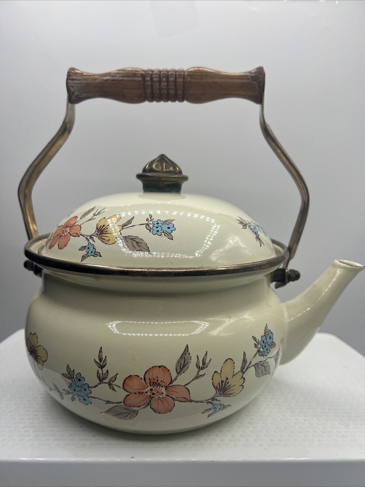 Vintage Saltera Himark Enamel RARE Teapot MCM  Floral Wooden Handle Kettle