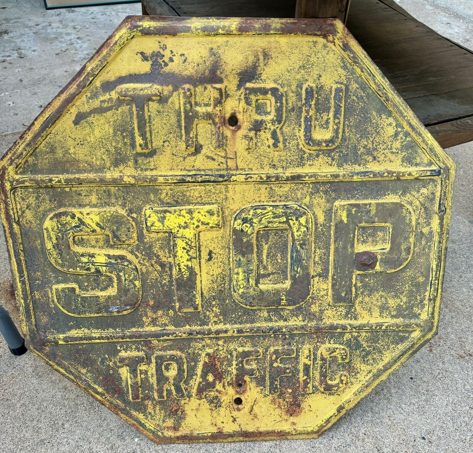 Antique Yellow STOP Sign Thru Traffic Street Road Sign 24” Vtg
