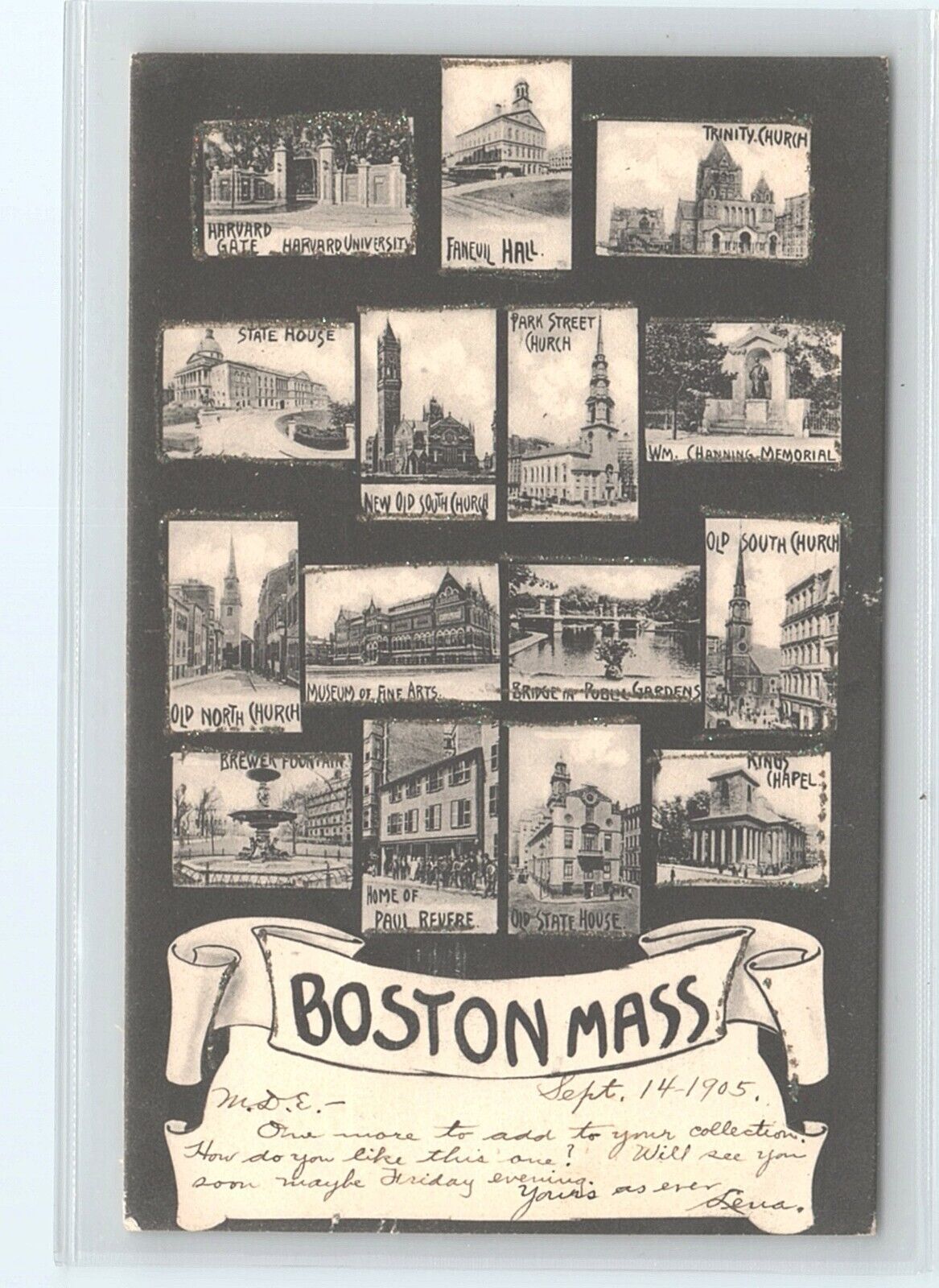 Postcard Multi View Boston Massachusetts MA Mica Glitter posted 1905