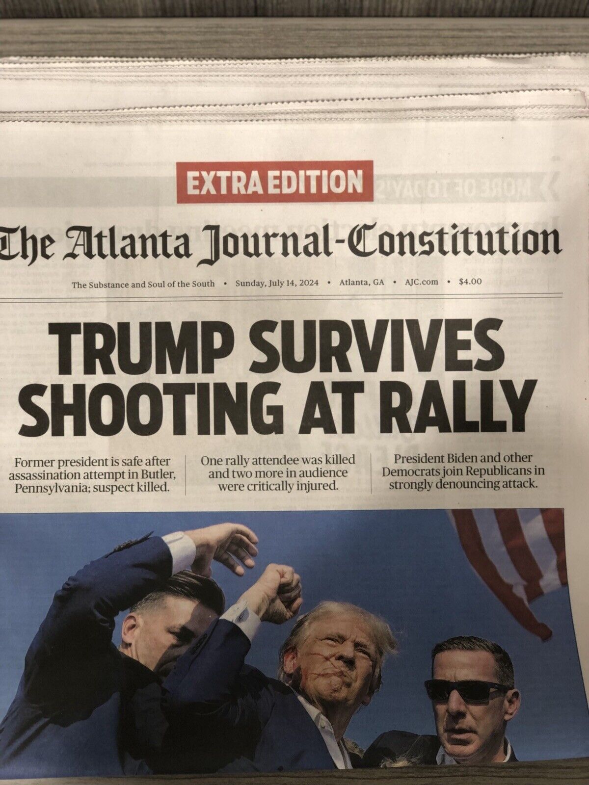 AJC Trump Survives Shooting Newspaper 07/14/24 Breaking Headline Trump Rally