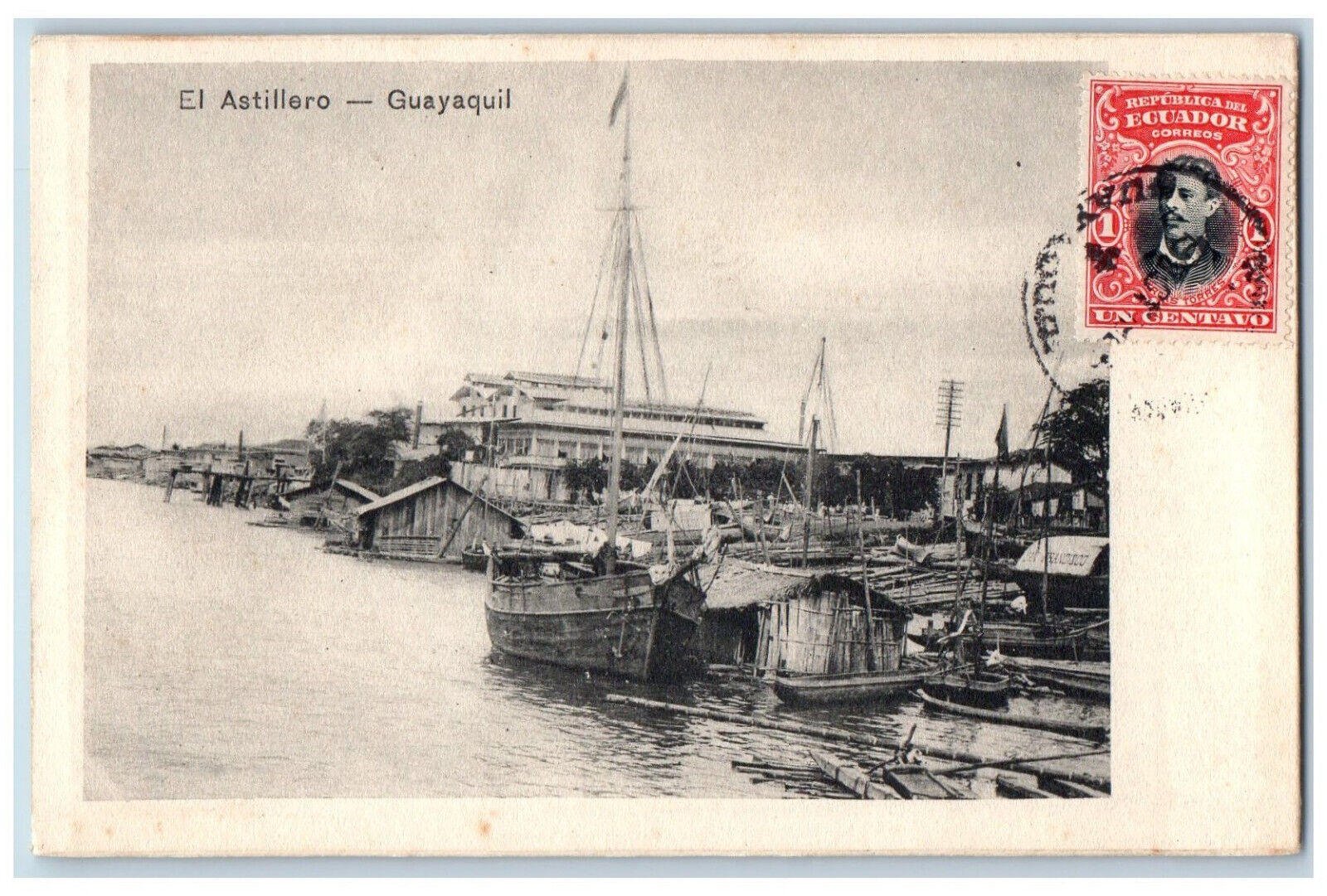 Guayaquil Ecuador Postcard The Shipyard Fishing Boat Wooden Houses c1905 Antique