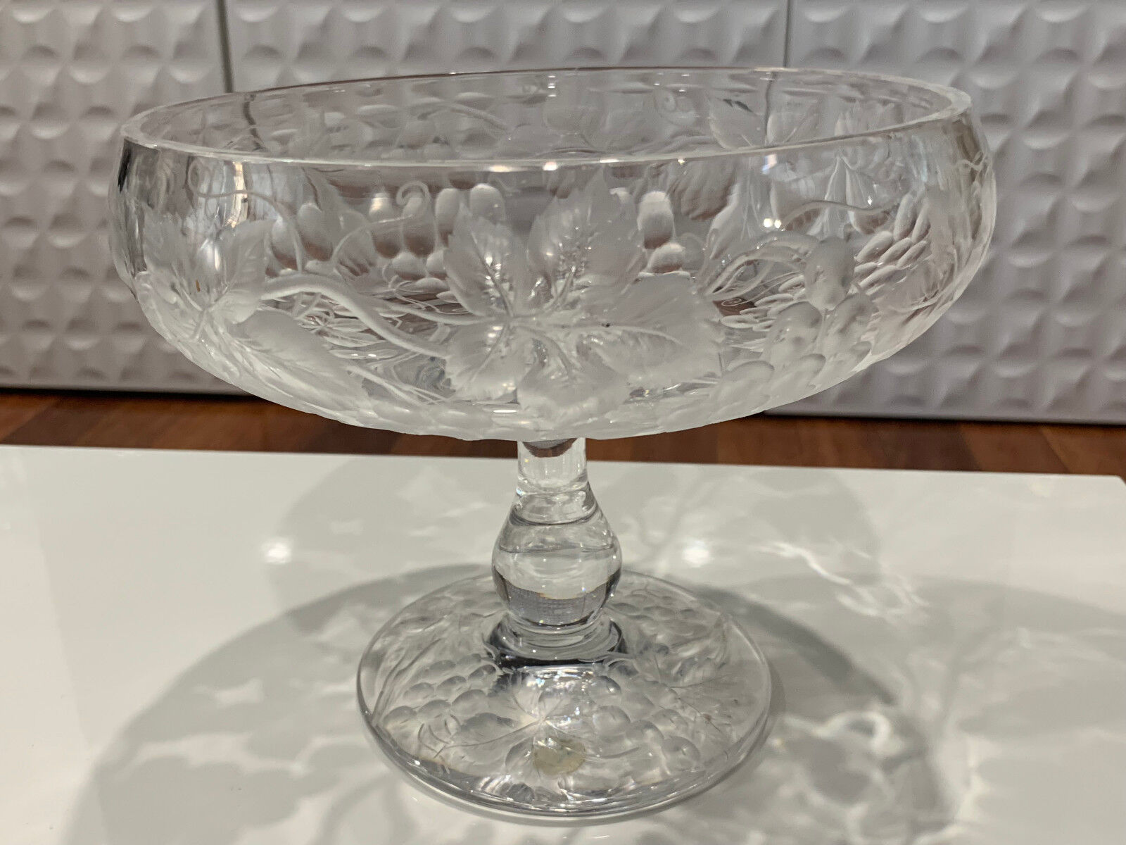 Vintage Antique Intaglio Cut Crystal Glass Centerpiece Compote Grapes Decoration