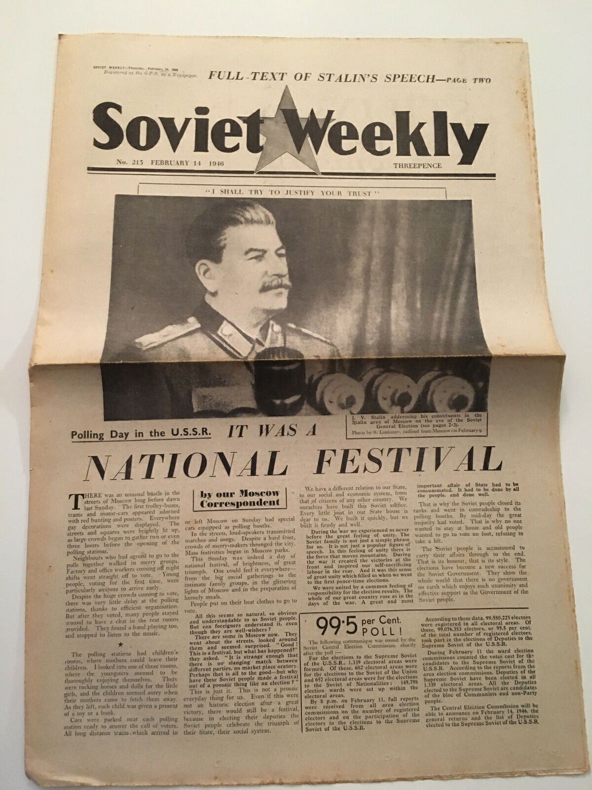 KL) USSR Soviet Weekly Newspaper Joseph Stalin Polling Day February 14 1946