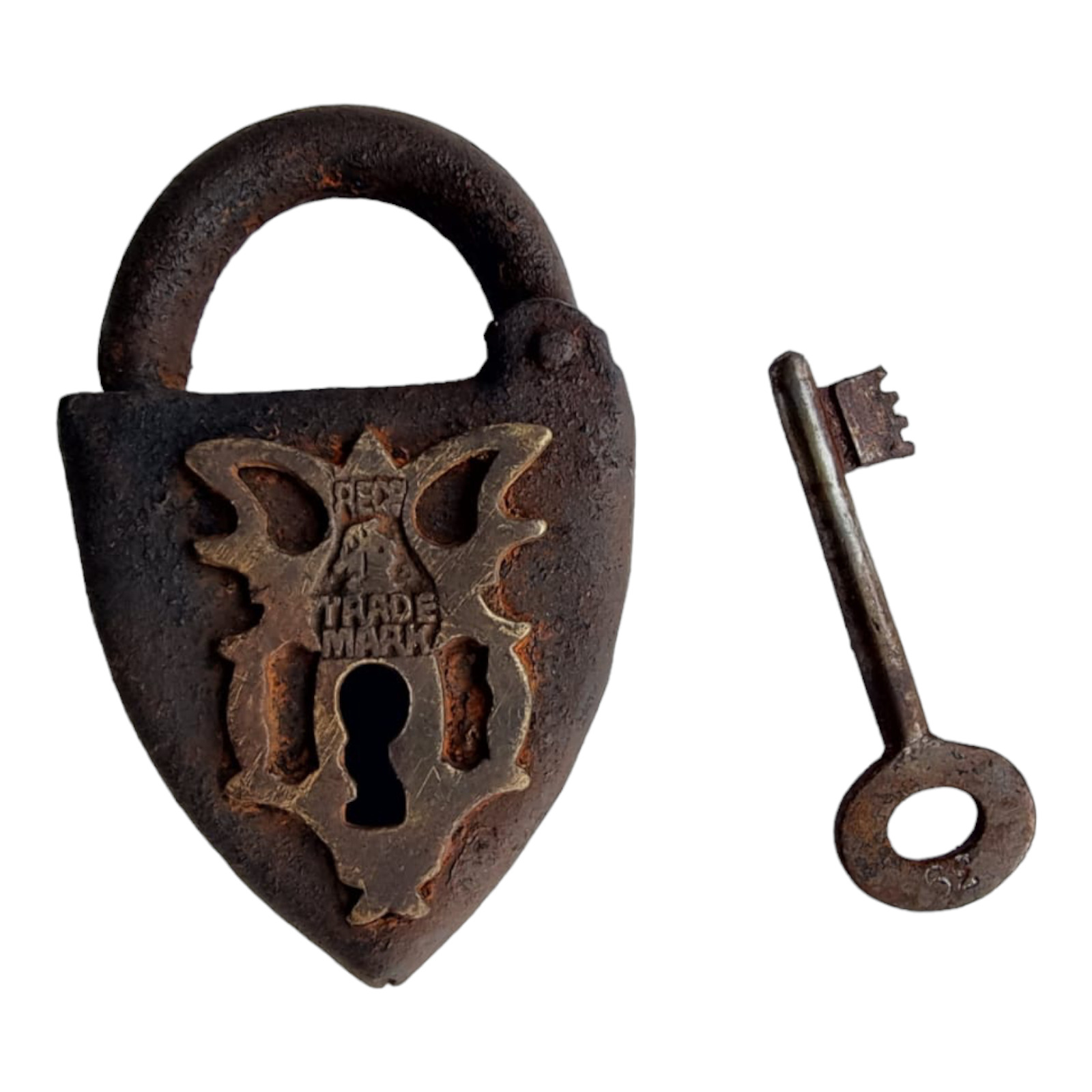 1850\'s Old Antique Solid Strong Heavy Iron Unique Heart Shape Lock & Key