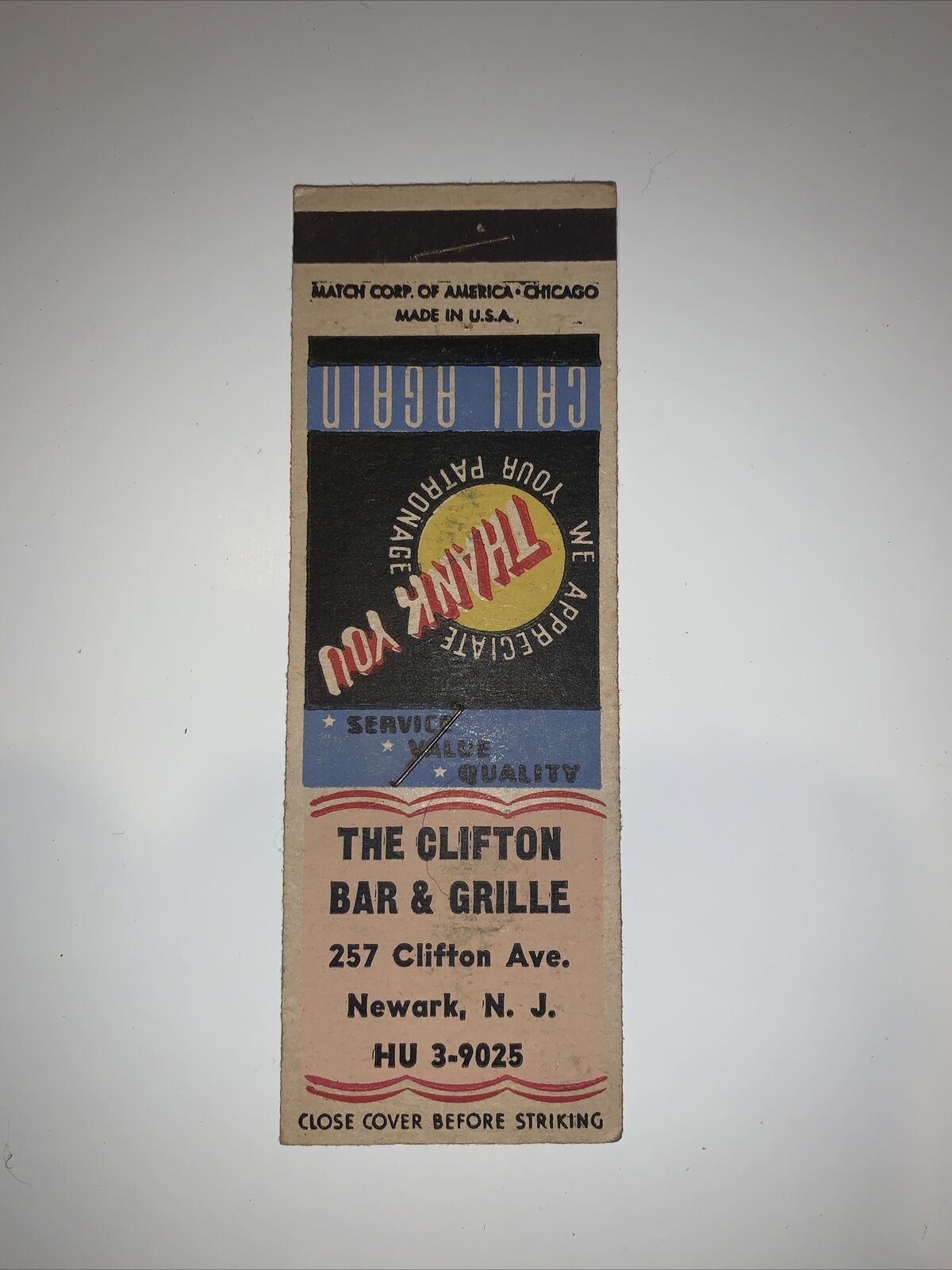 Vintage Matchbook Cover USED The Clifton bar and Grill Newark New Jersey