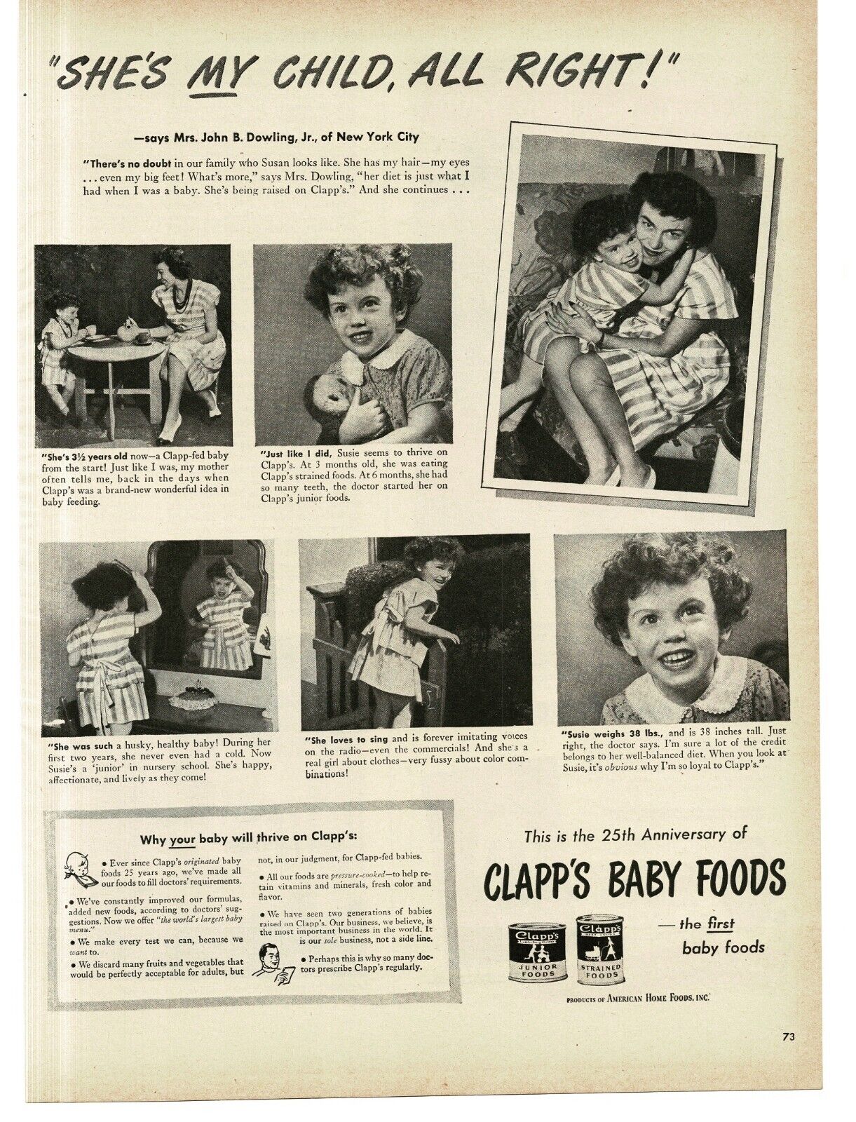1946 Clapp\'s Baby Food Mrs. John Dowling Jr & Children New York City Print Ad