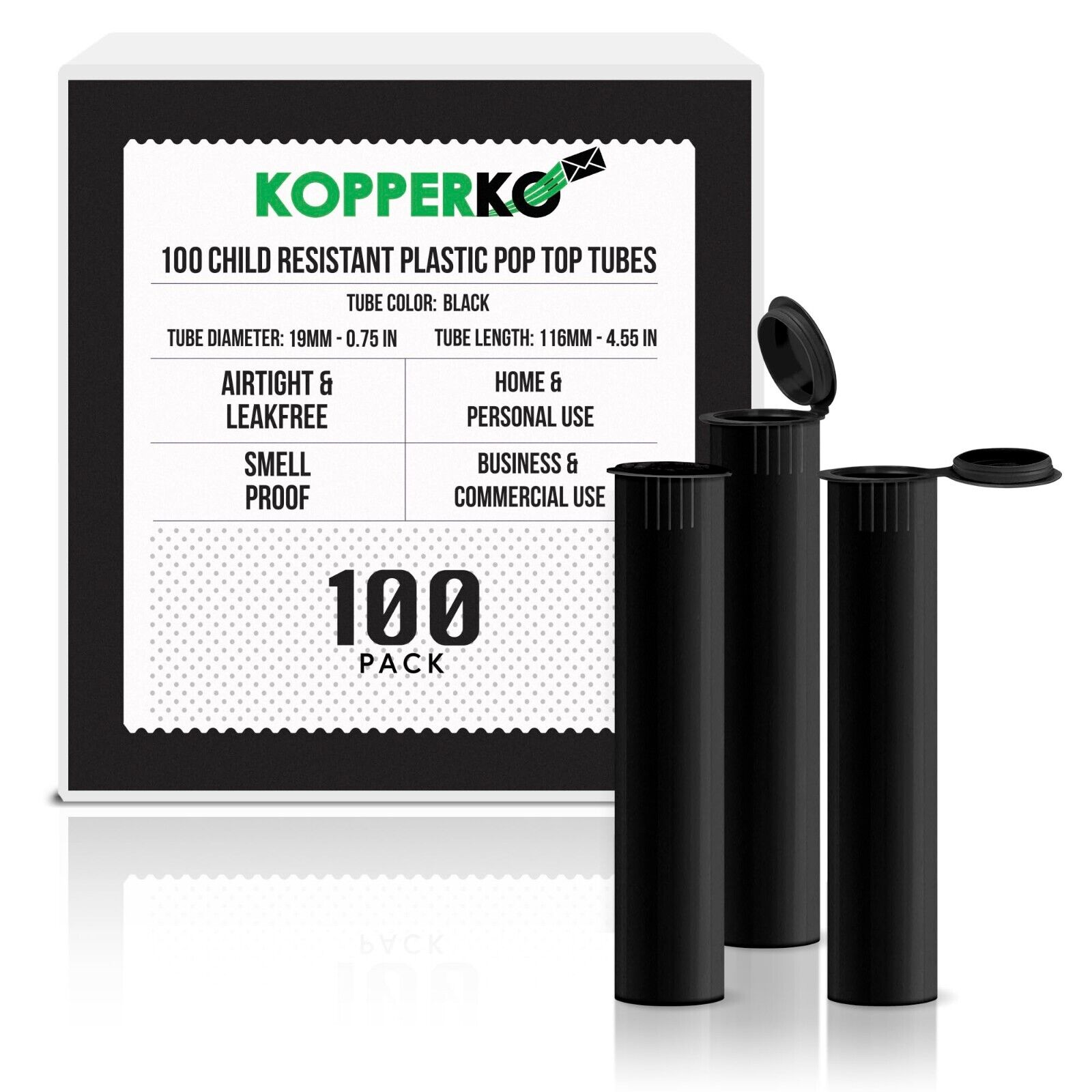 Kopperko 100 Pack 116mm Plastic Pop Top Tube - Child Resistant - Black