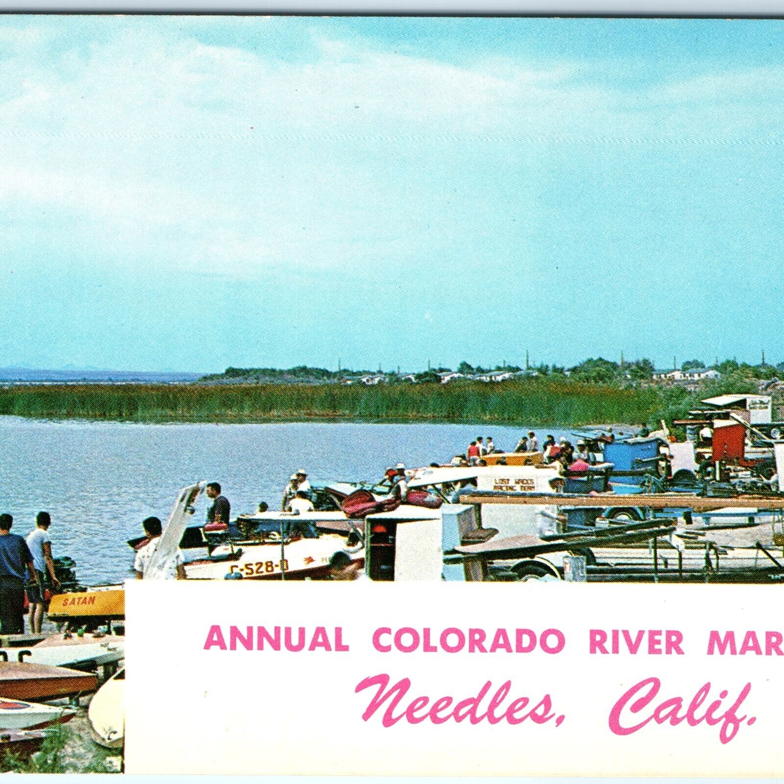 c1950s Needles, CA Annual Colorado River Marathon Chrome Photo Postcard Boat A89