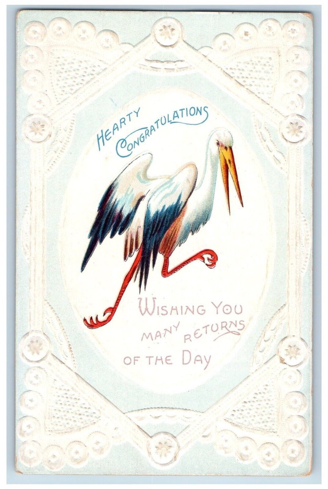Hearty Congratulations Postcard Stork Many Returns Of The Day Embossed Antique