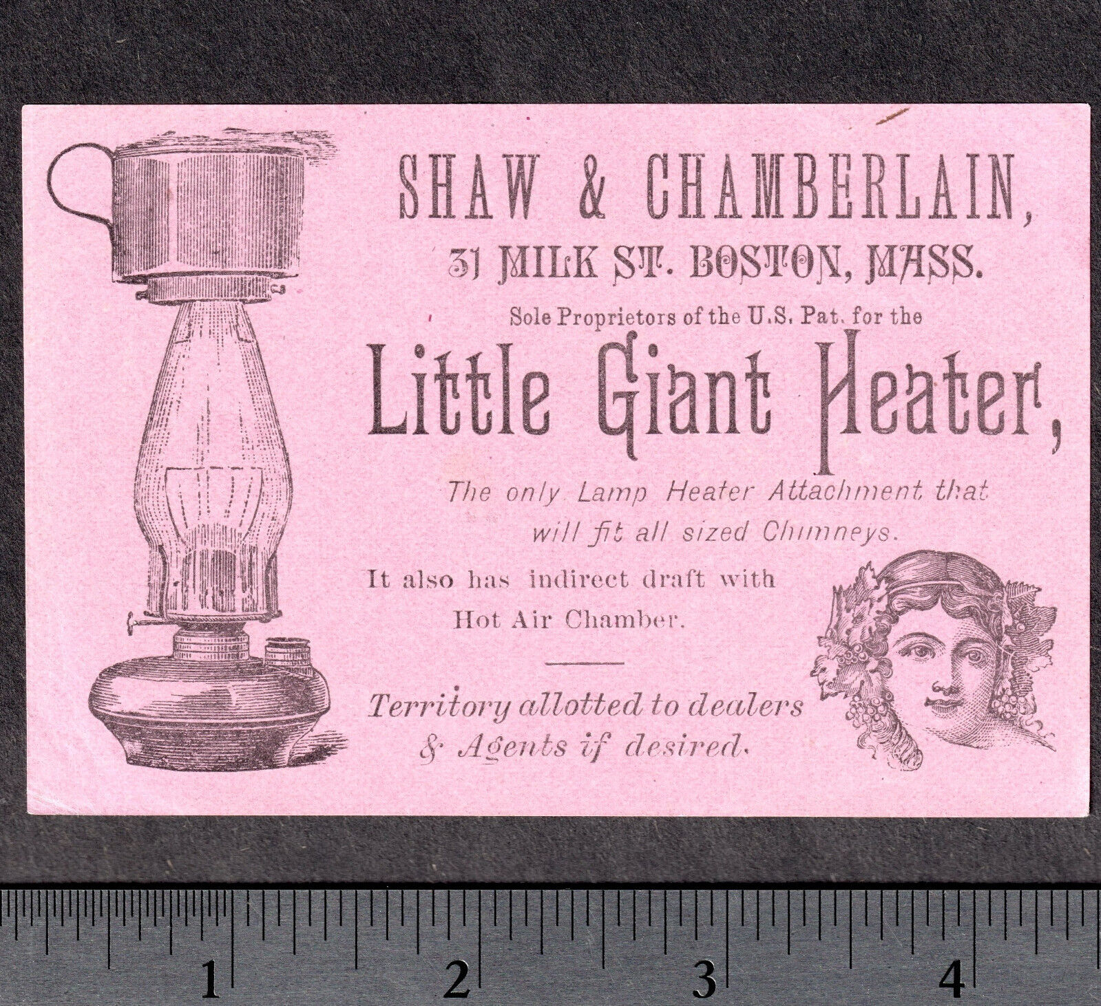 RARE Amusement Park Man Shaw & Chamberlain Boston Little Giant Heater Trade Card