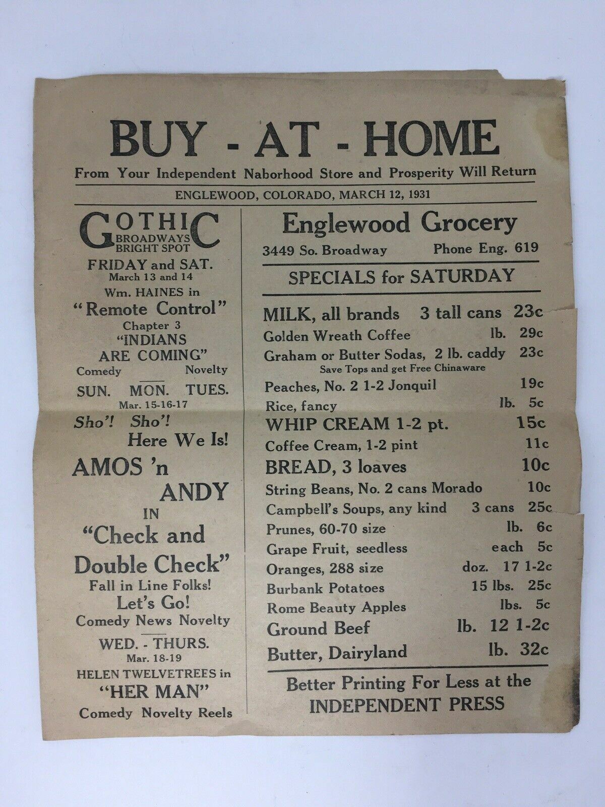 1930\'s Englewood Grocery Store Advertising Fold Out Flyer Prices Colorado