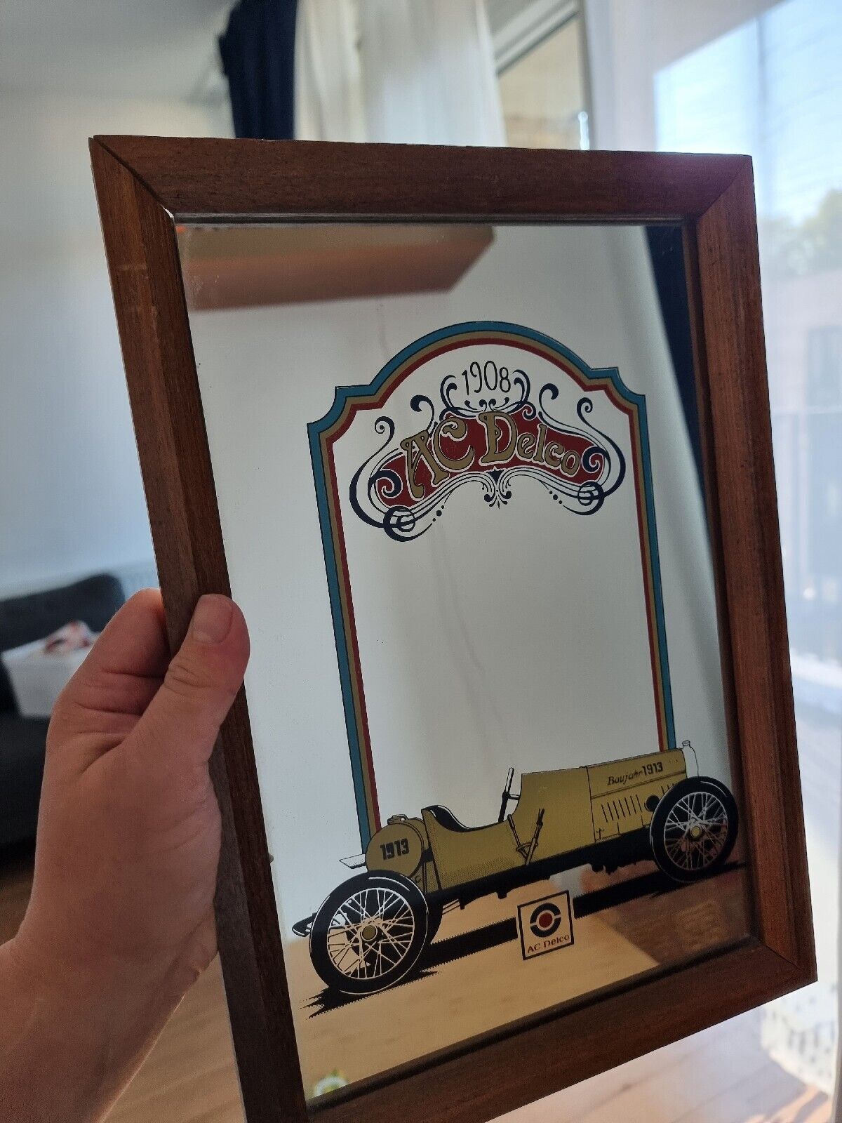 Antique AC Delco 1908 advertising wall mirror, with yellow car design Pub Frame